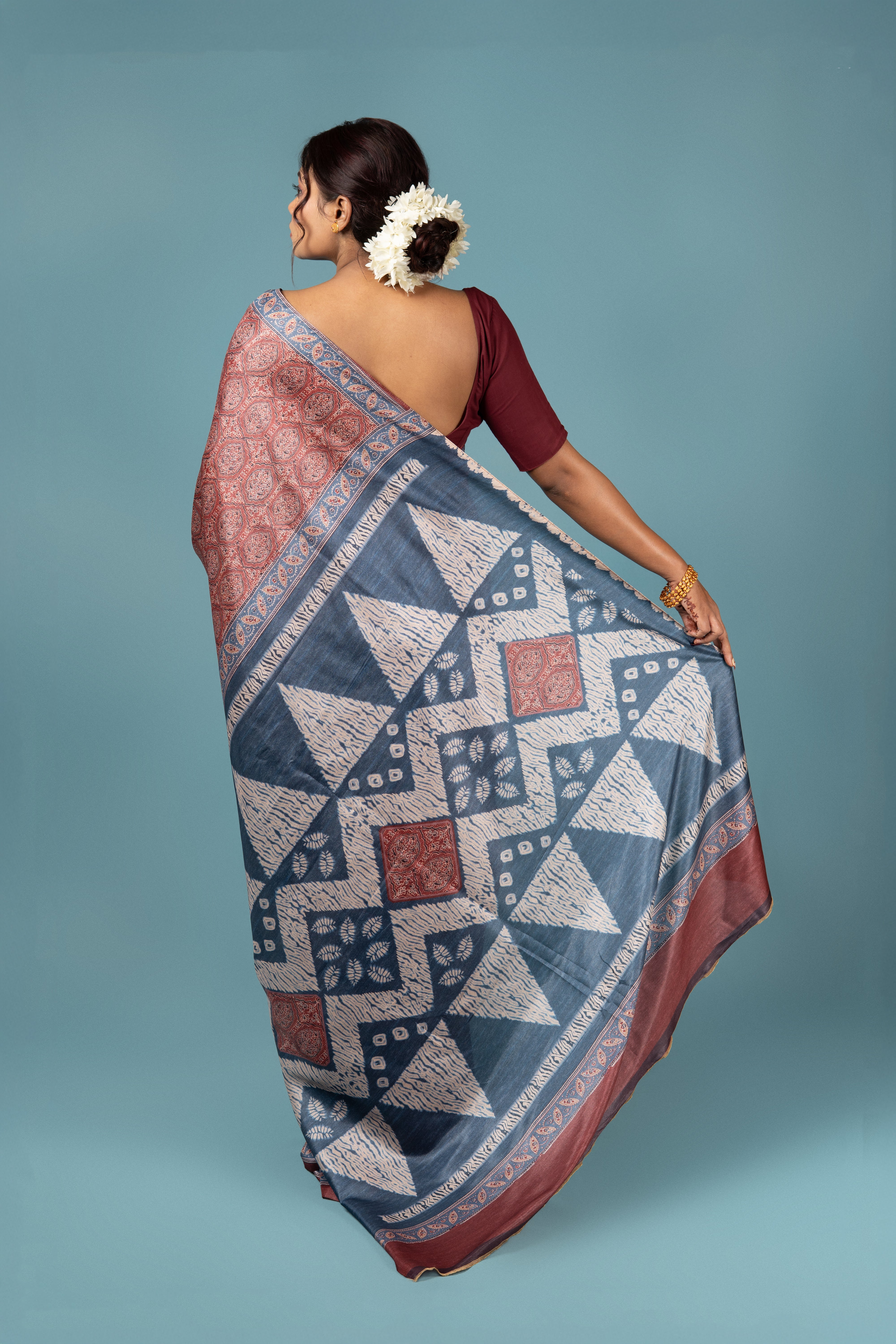 Rust Crepe Saree with Ajrak Print