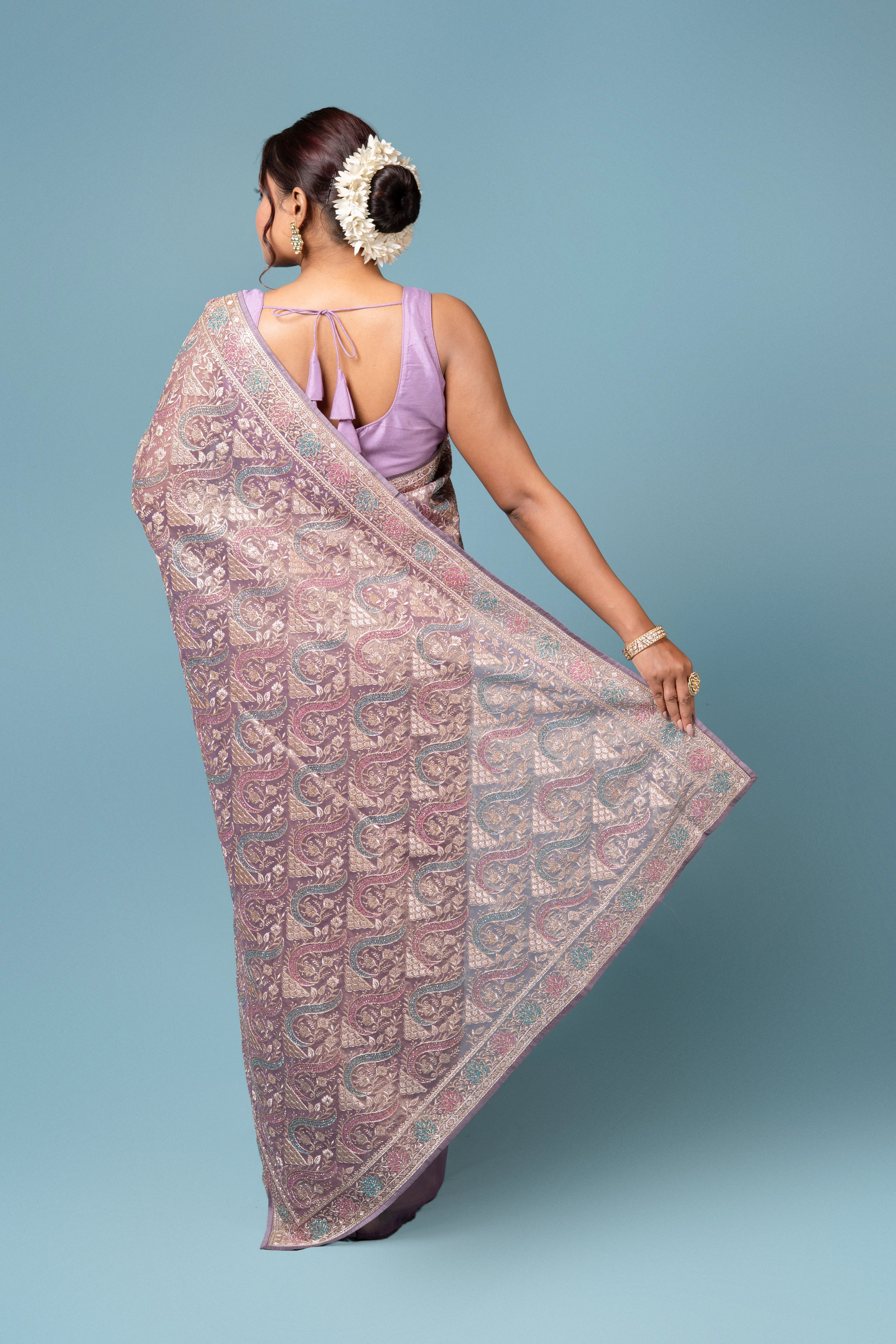 Purple Georgette Saree with Stone Work