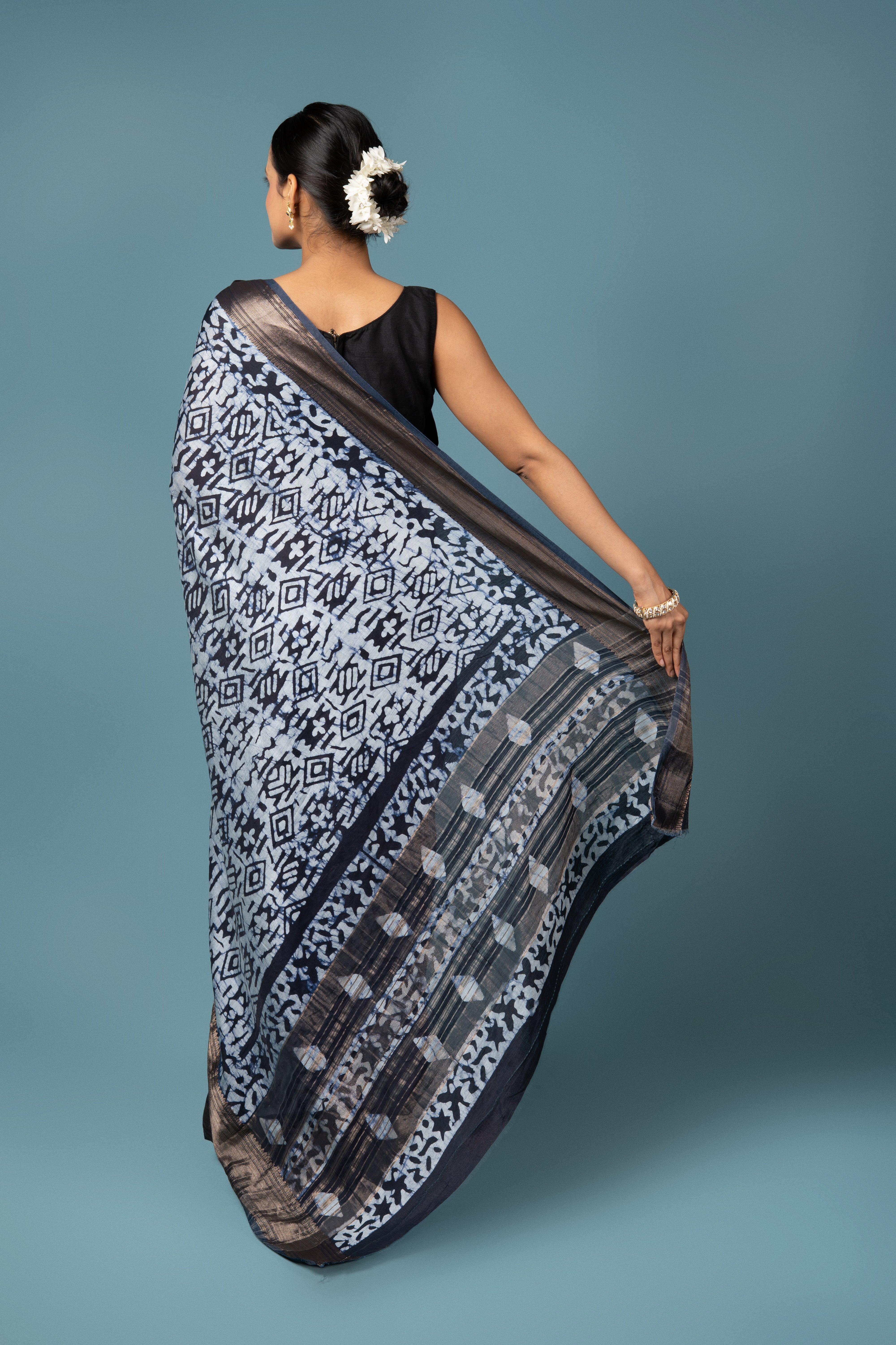 White Cotton Saree With Batik Print