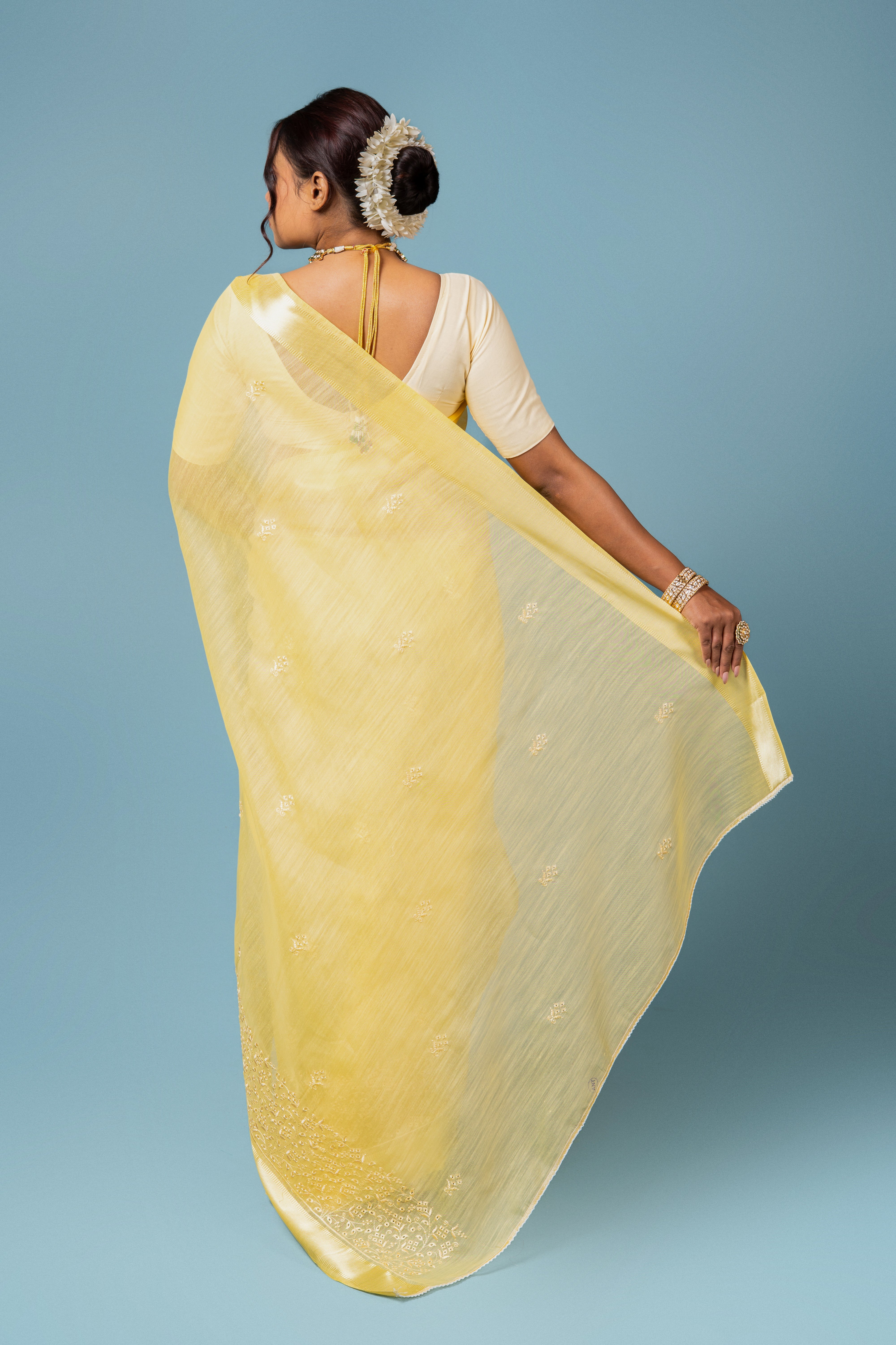 Yellow Cotton Saree with Thread Work