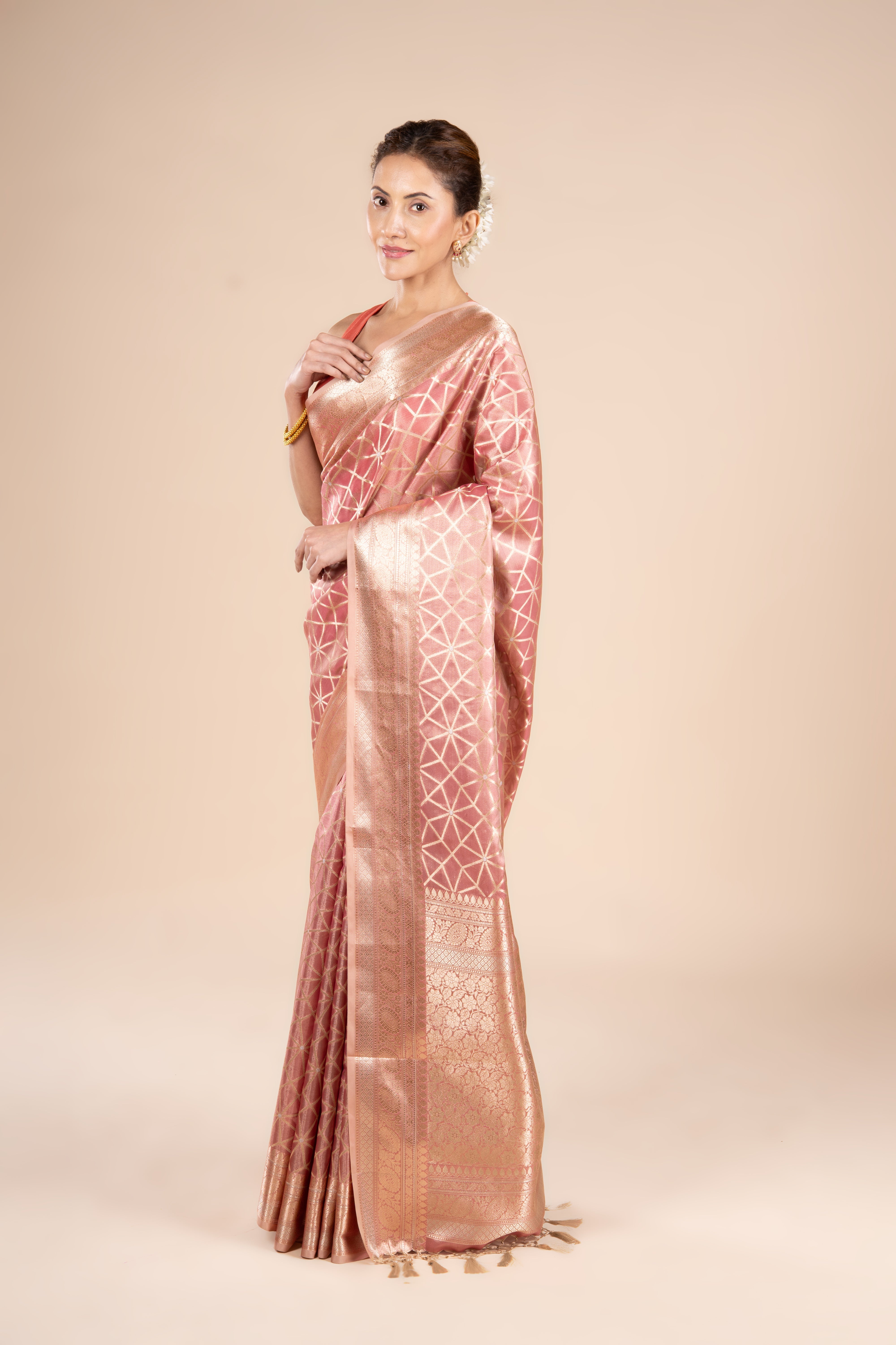 Onion Pink Tissue Silk Geometric Saree
