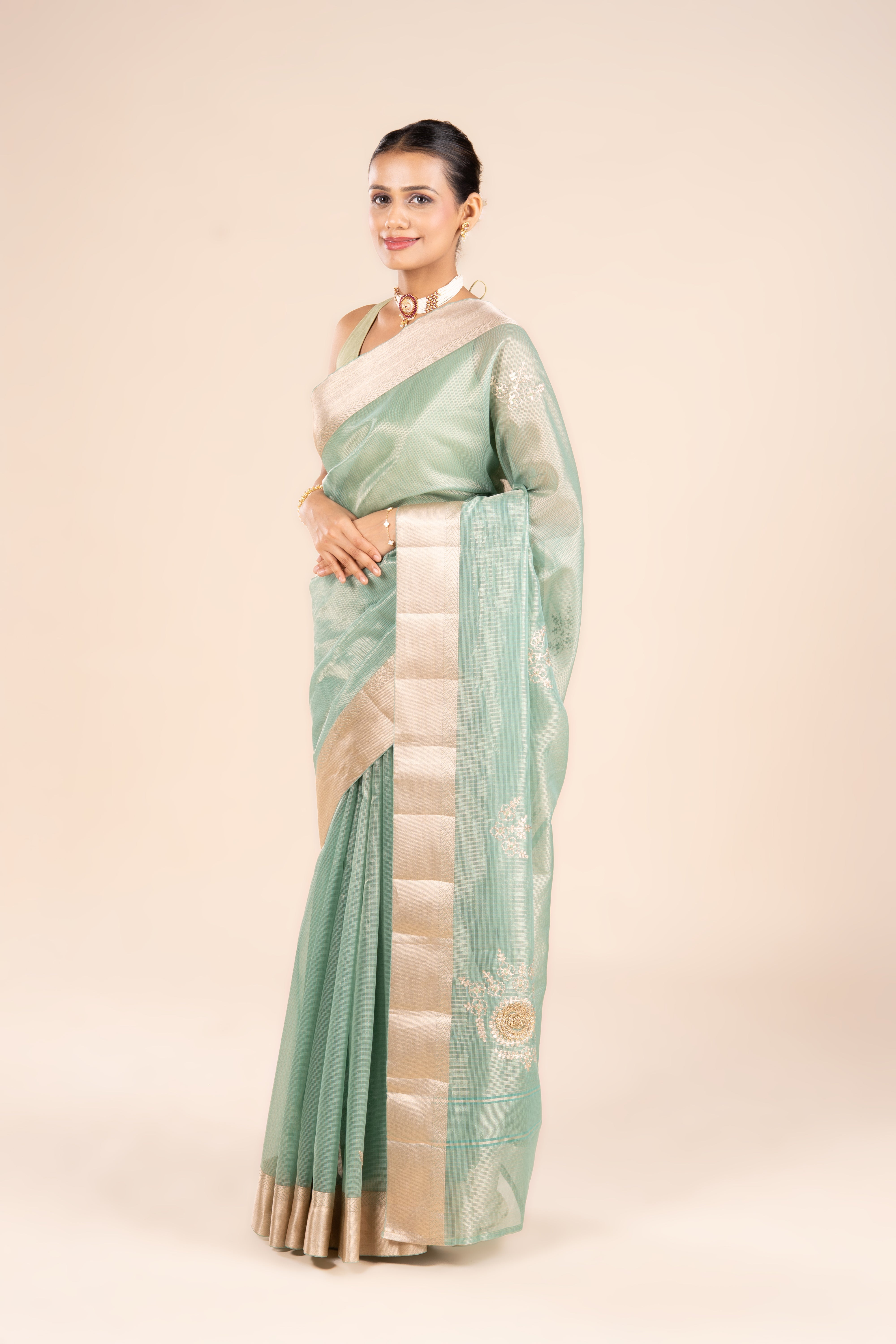 Sea Green Tissue Silk Saree with Pita work