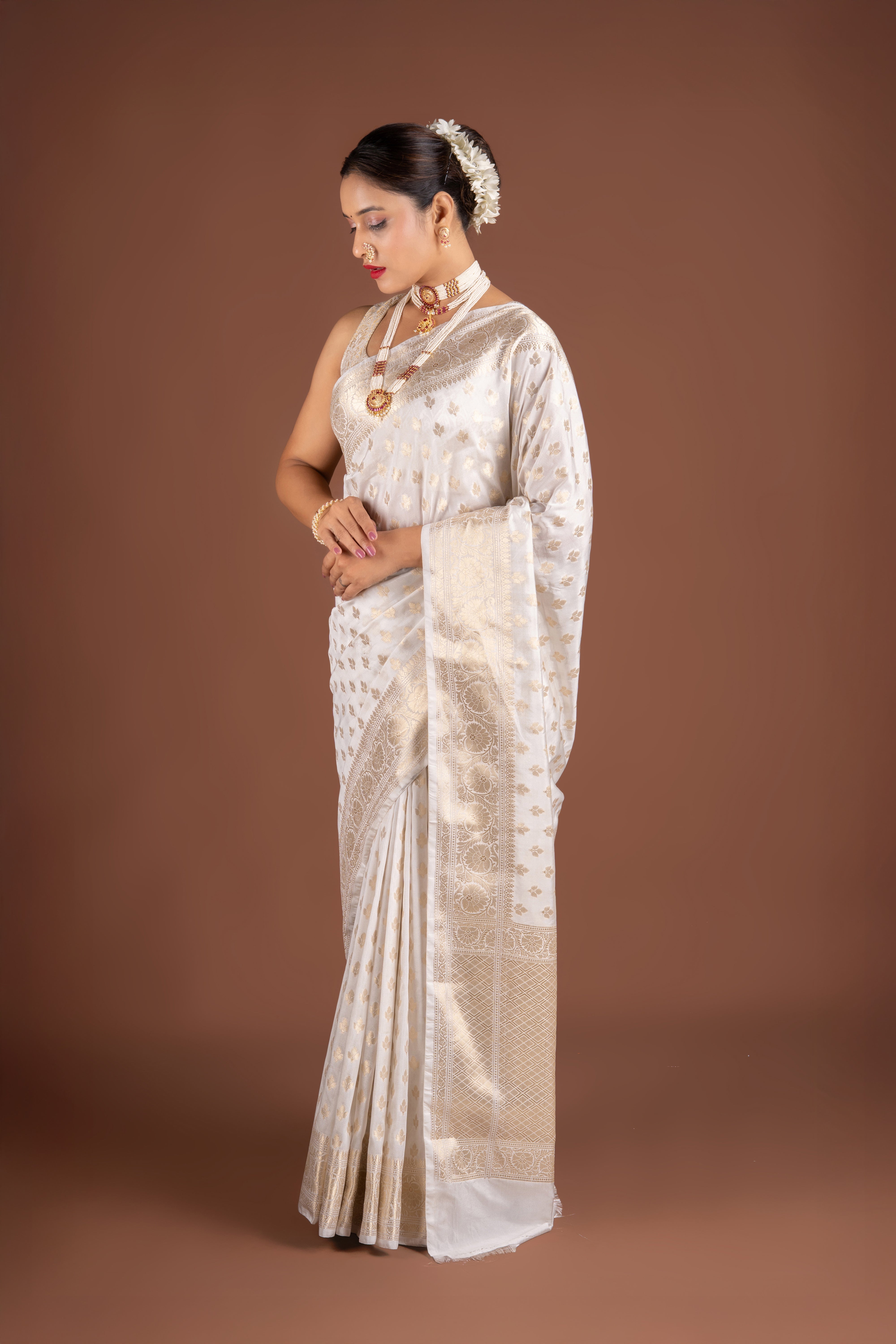 White Katan Silk Banarasi Saree