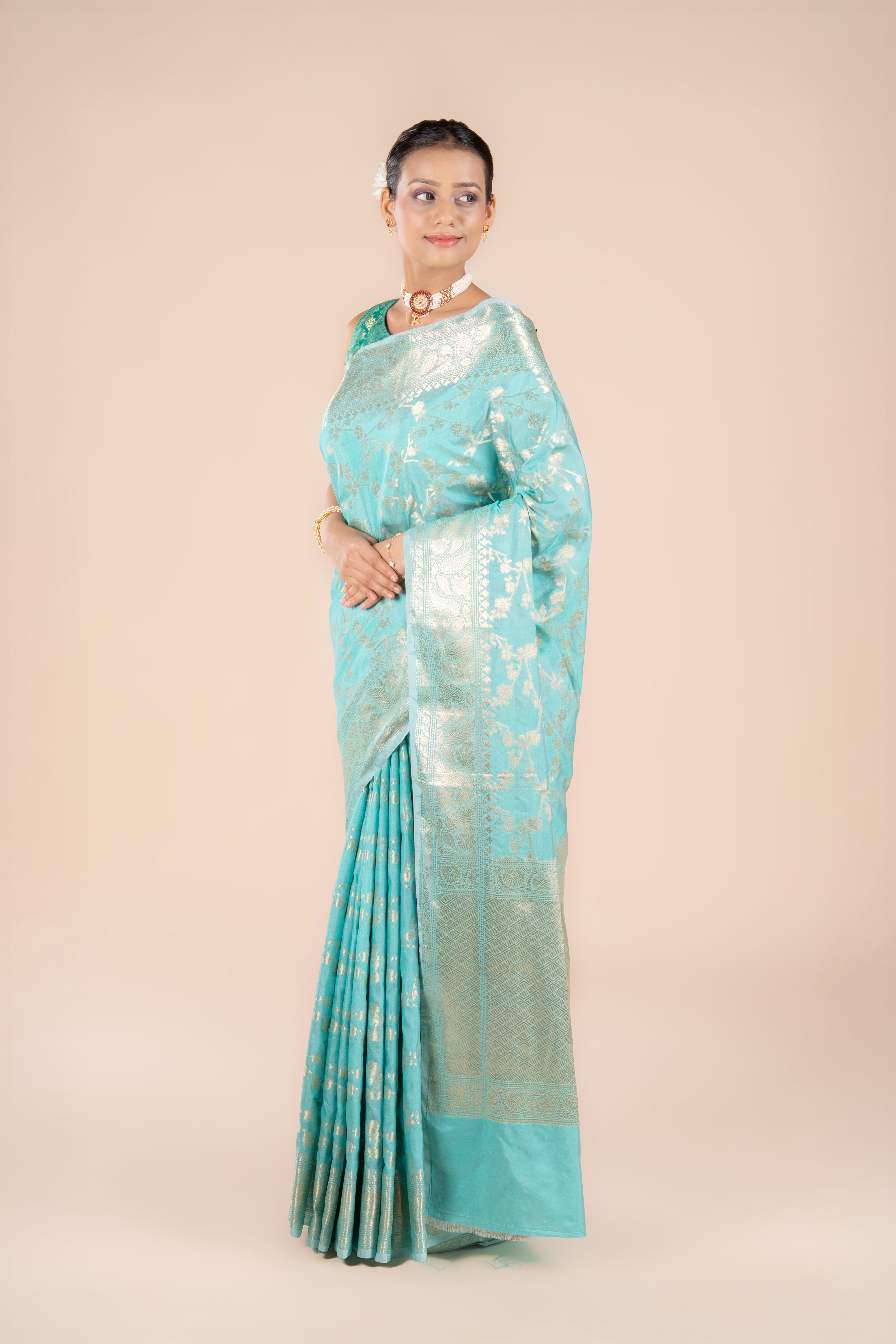 Sea Green Katan Silk Banarasi Saree with Jaal pattern