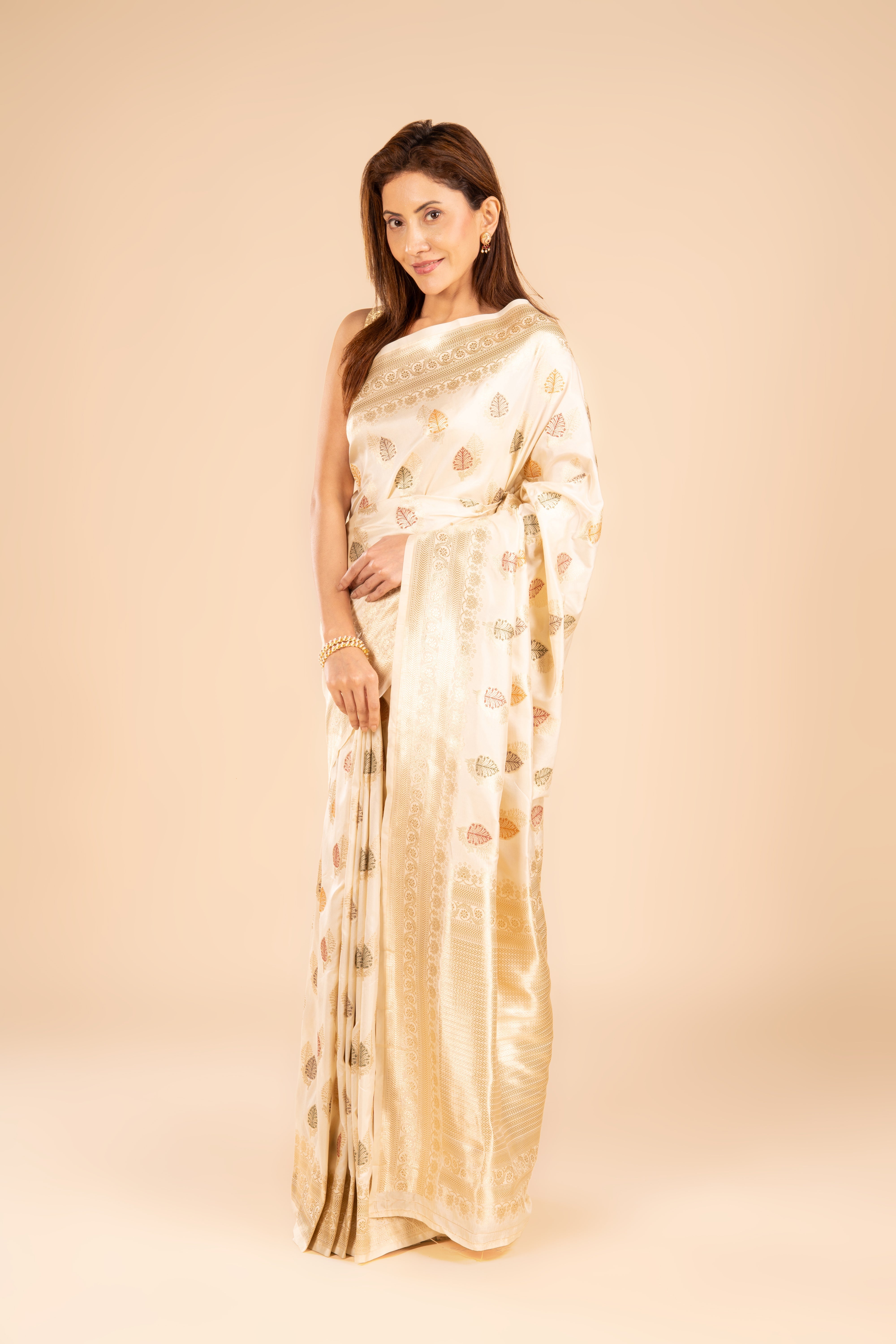 Cream Katan Silk Banarasi Saree