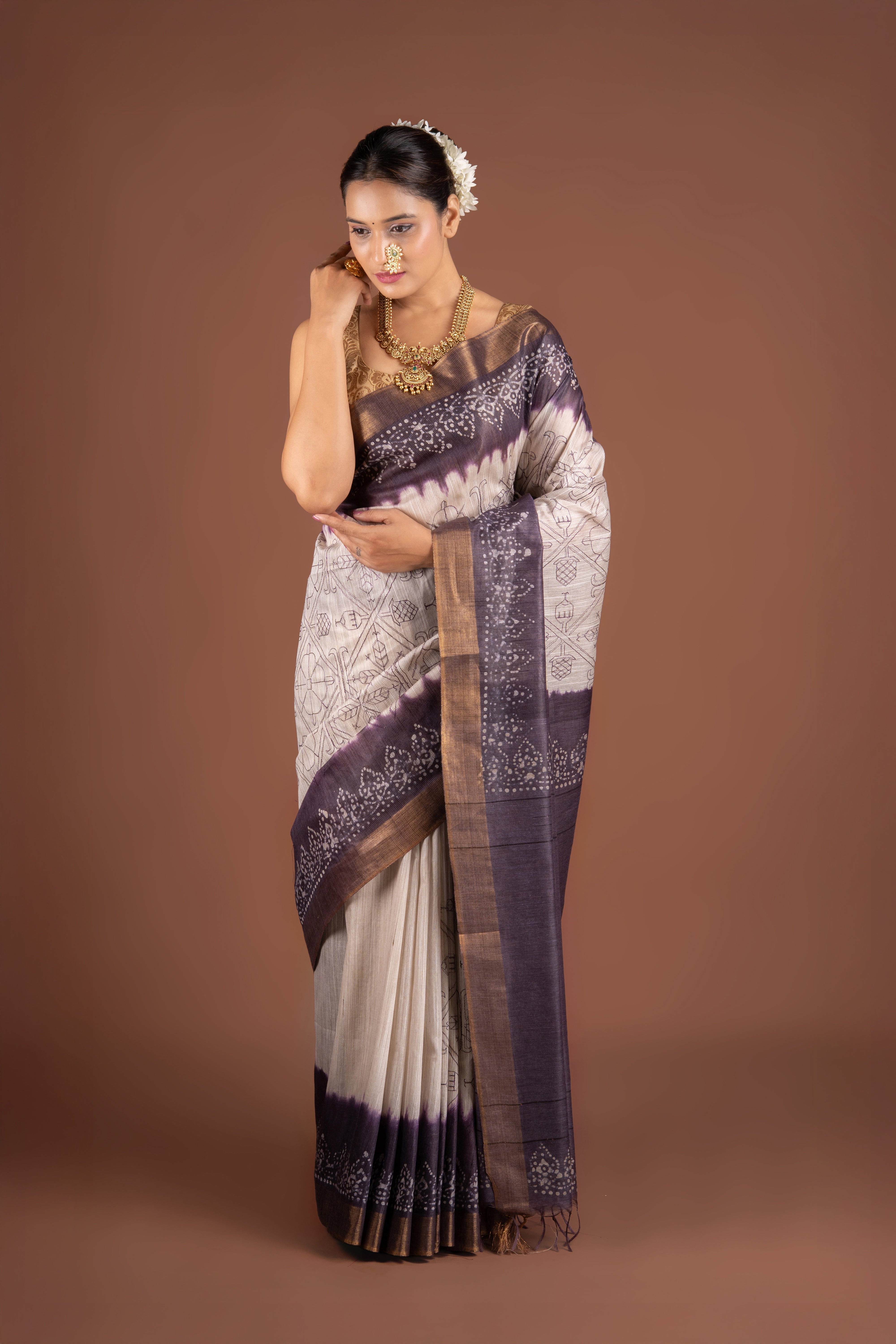 Cream and Purple Khadi Silk Saree with Batik Print