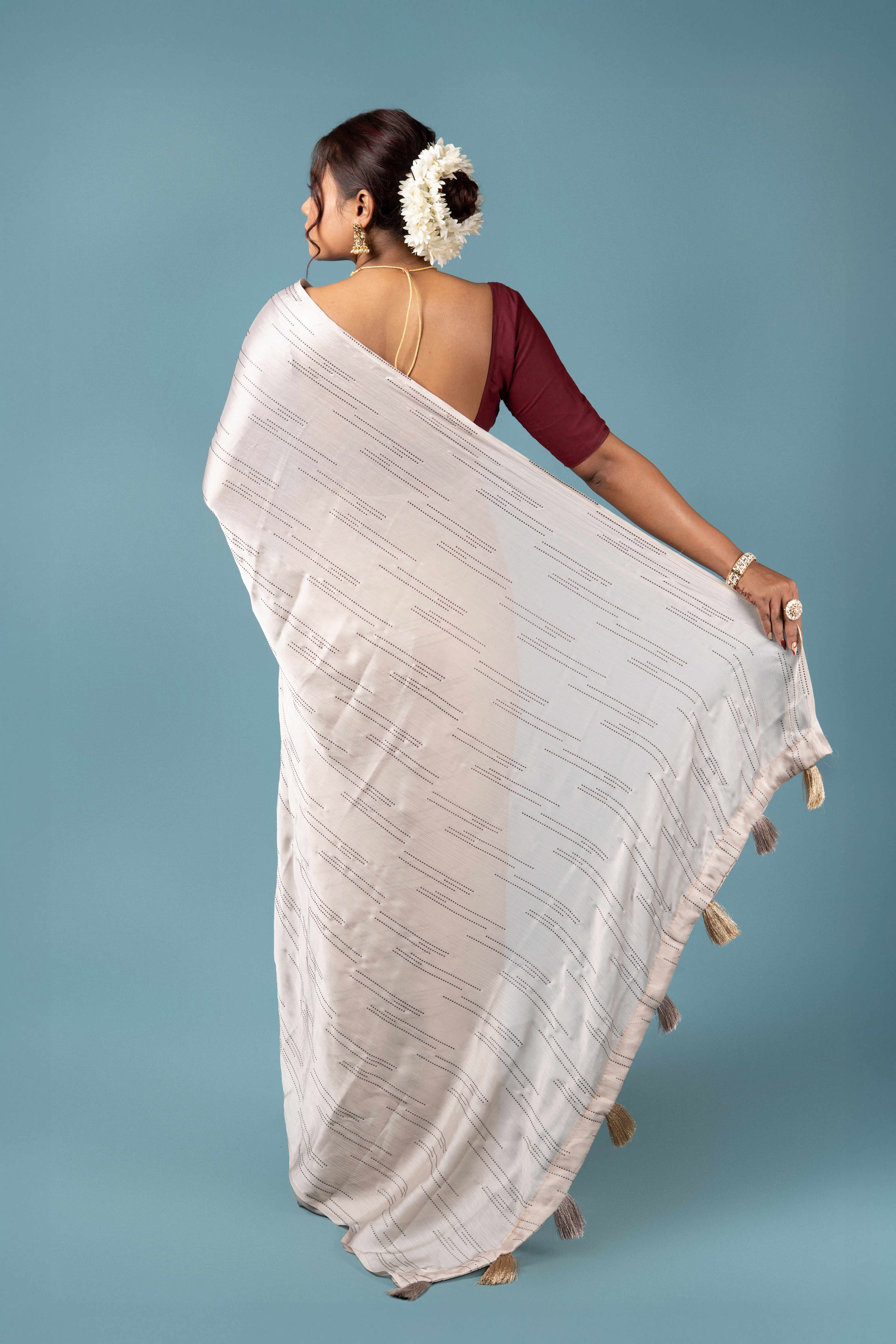 Cream Chiffon Saree with Sparkle Work