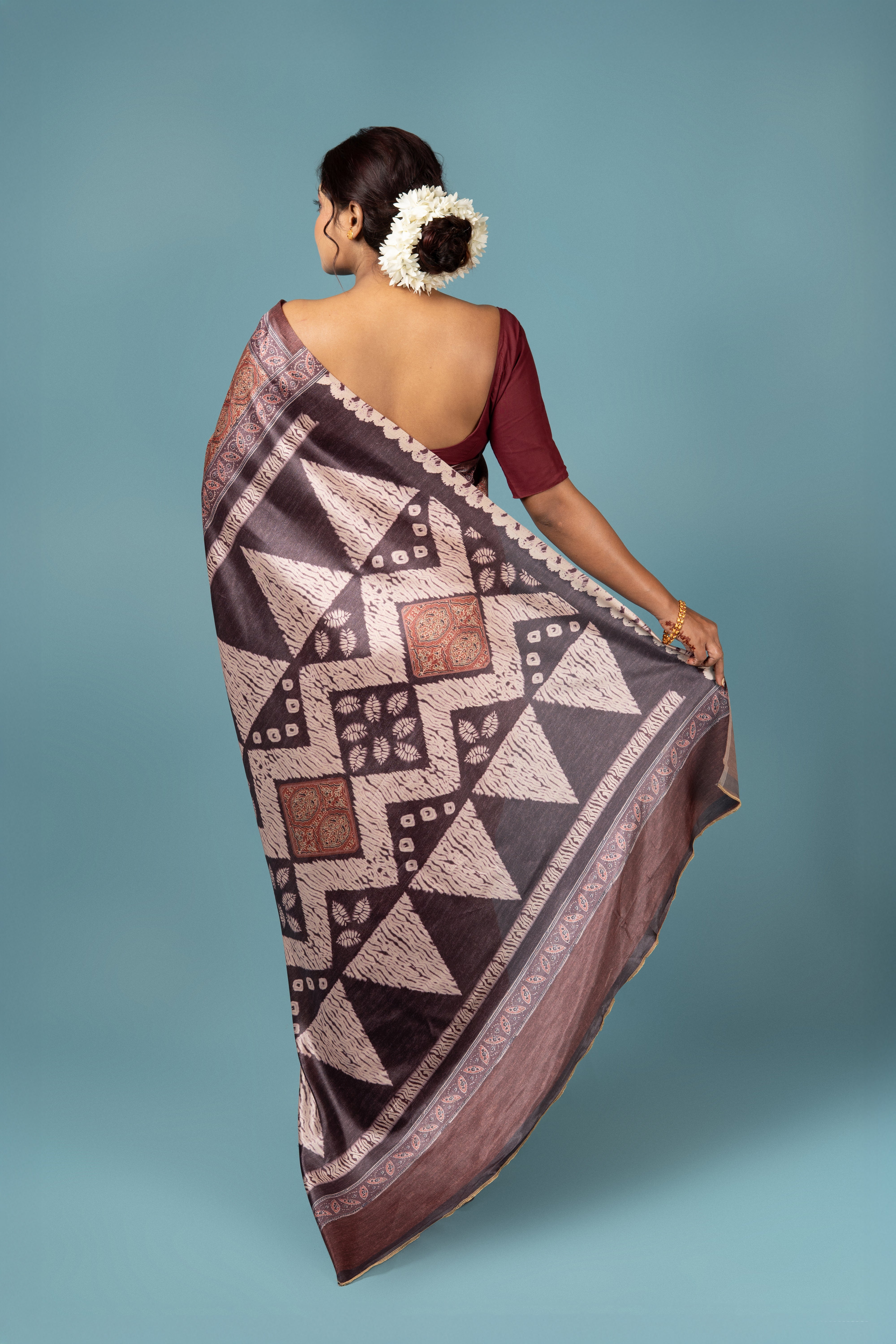 Rust Crepe Saree with Ajrak Print
