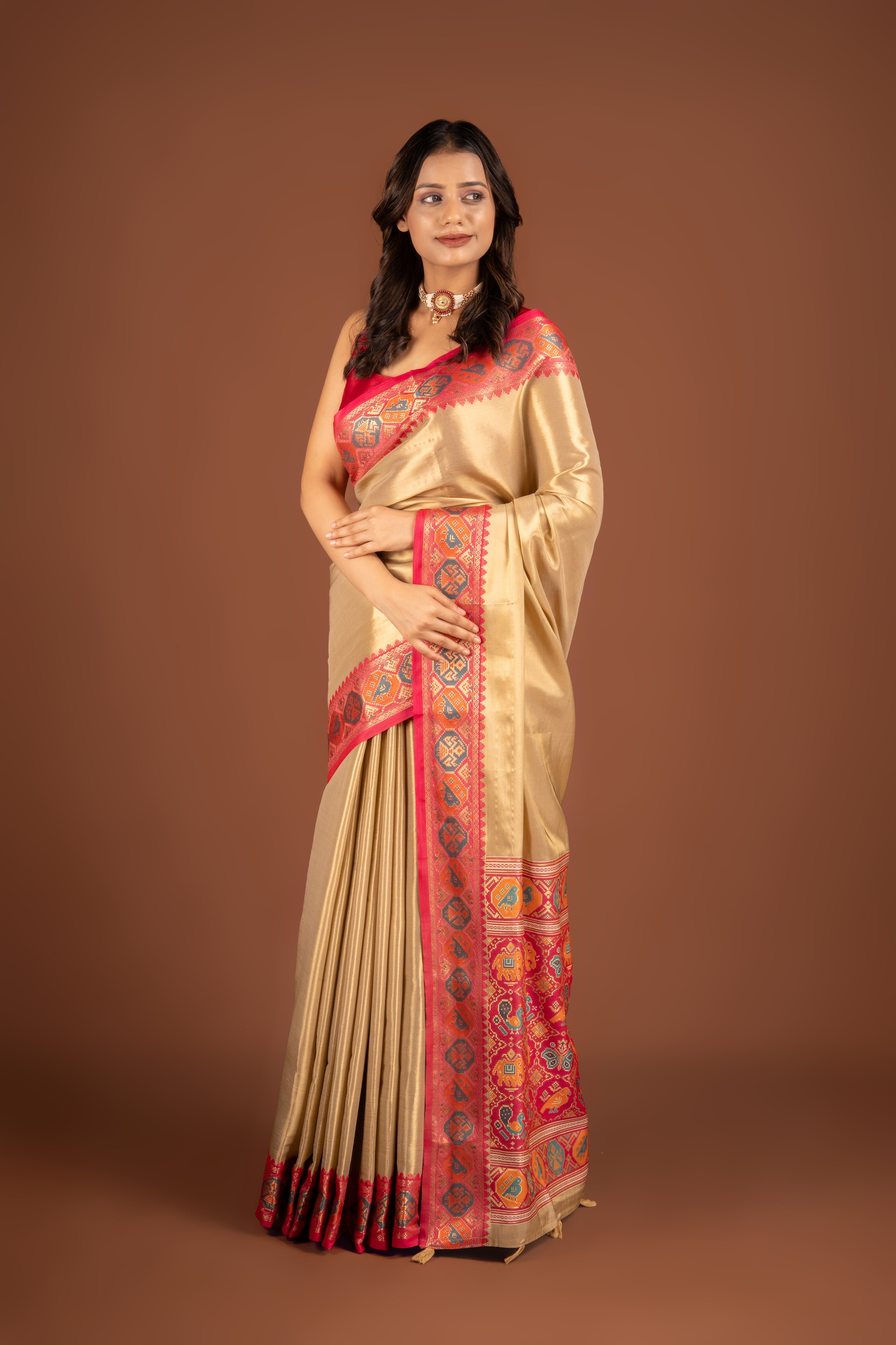 Cream Tissue Silk Patola Saree