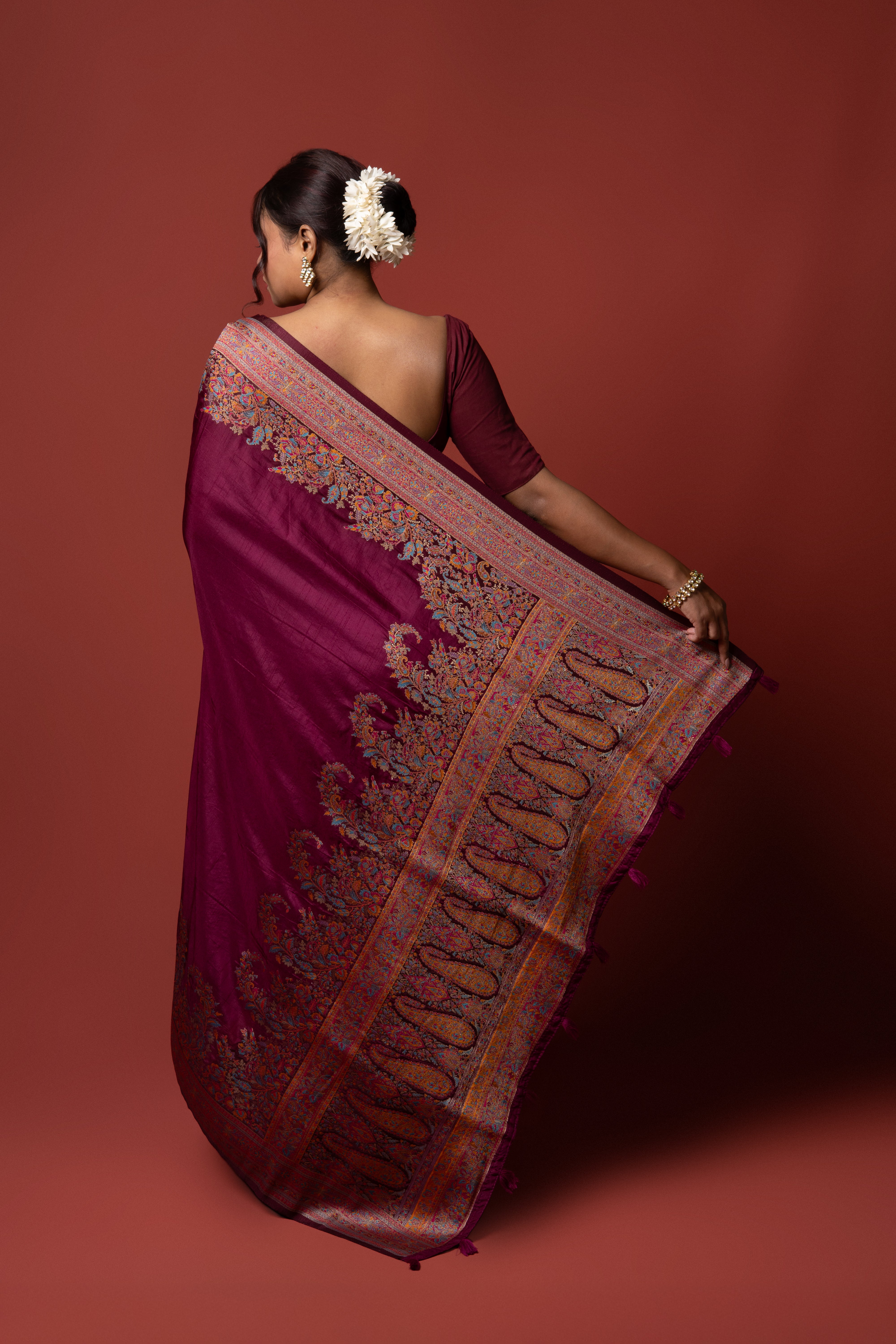 Purple Dola Silk Saree with Kalamkari Thread Work