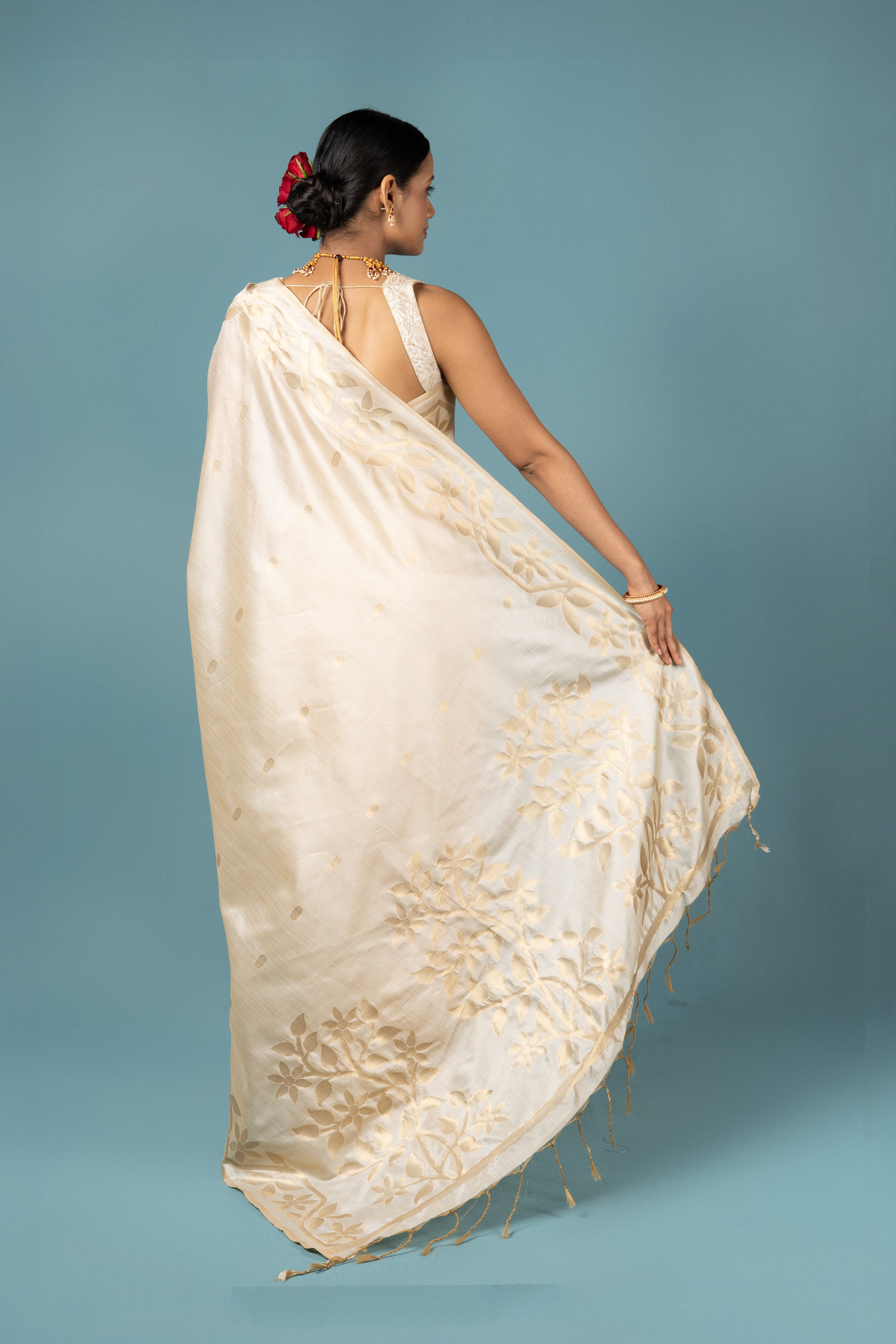 Cream Katan Silk Saree