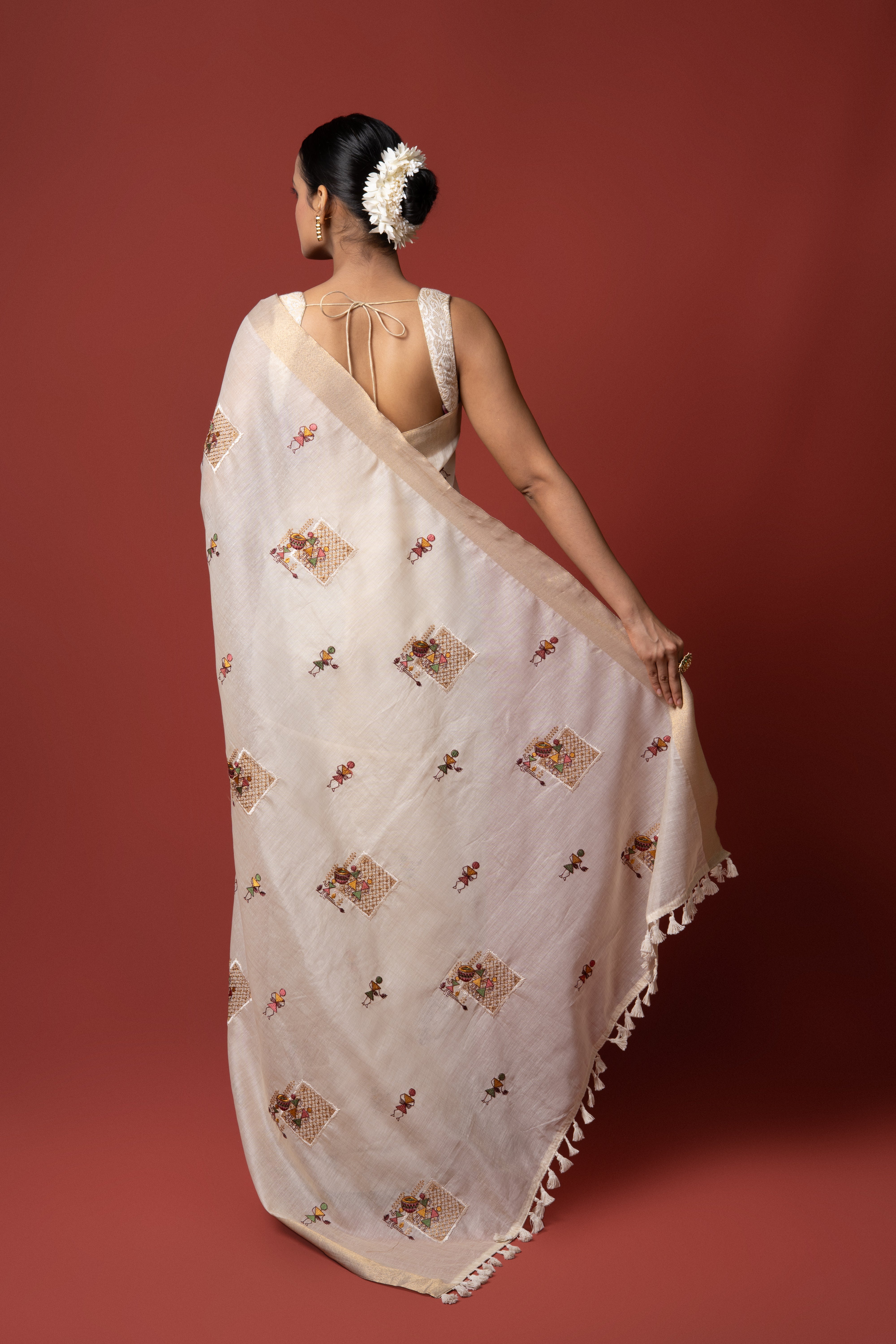 Cream Cotton Saree with Warli Thread Work
