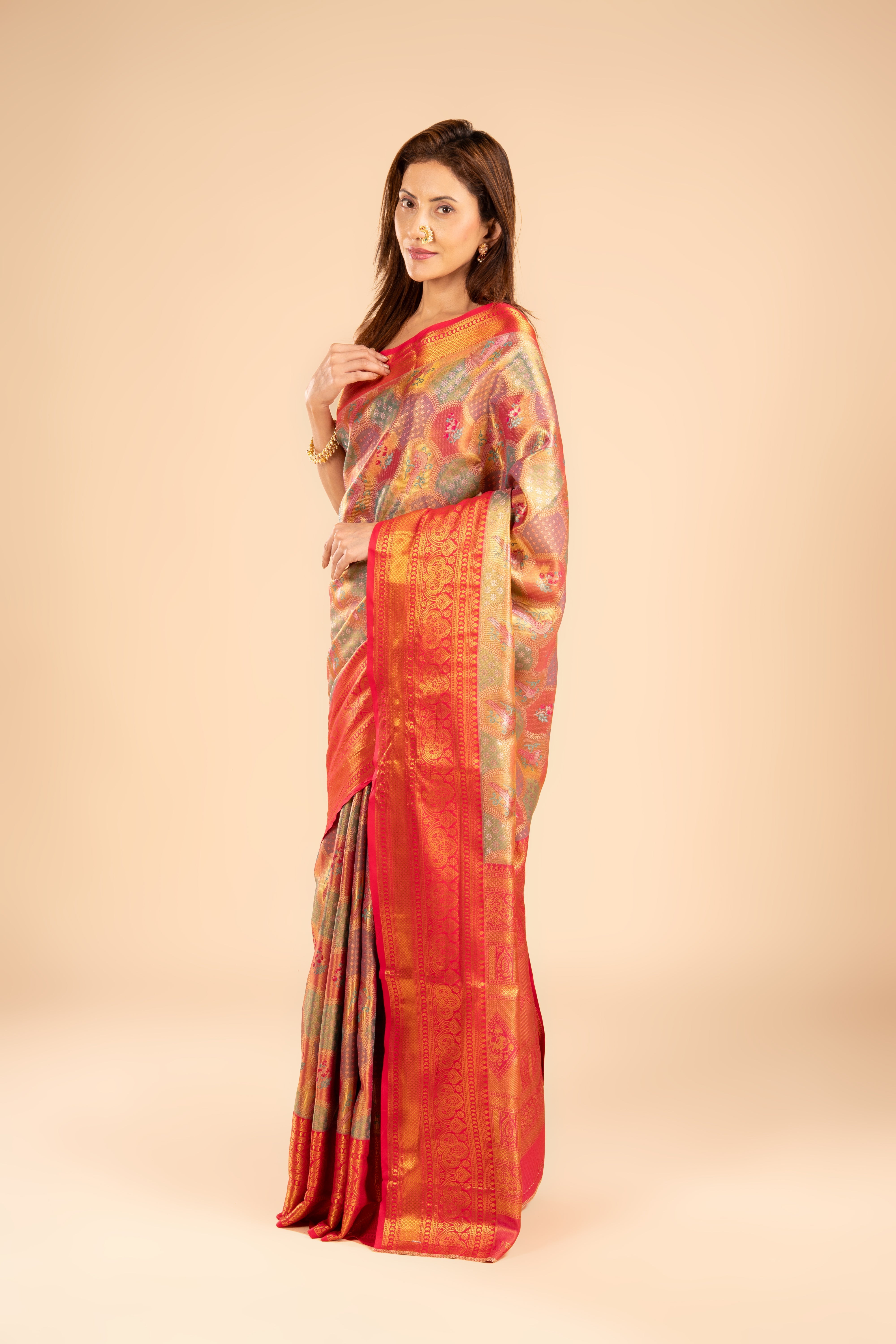 Geometric Tissue Silk Saree with Red border