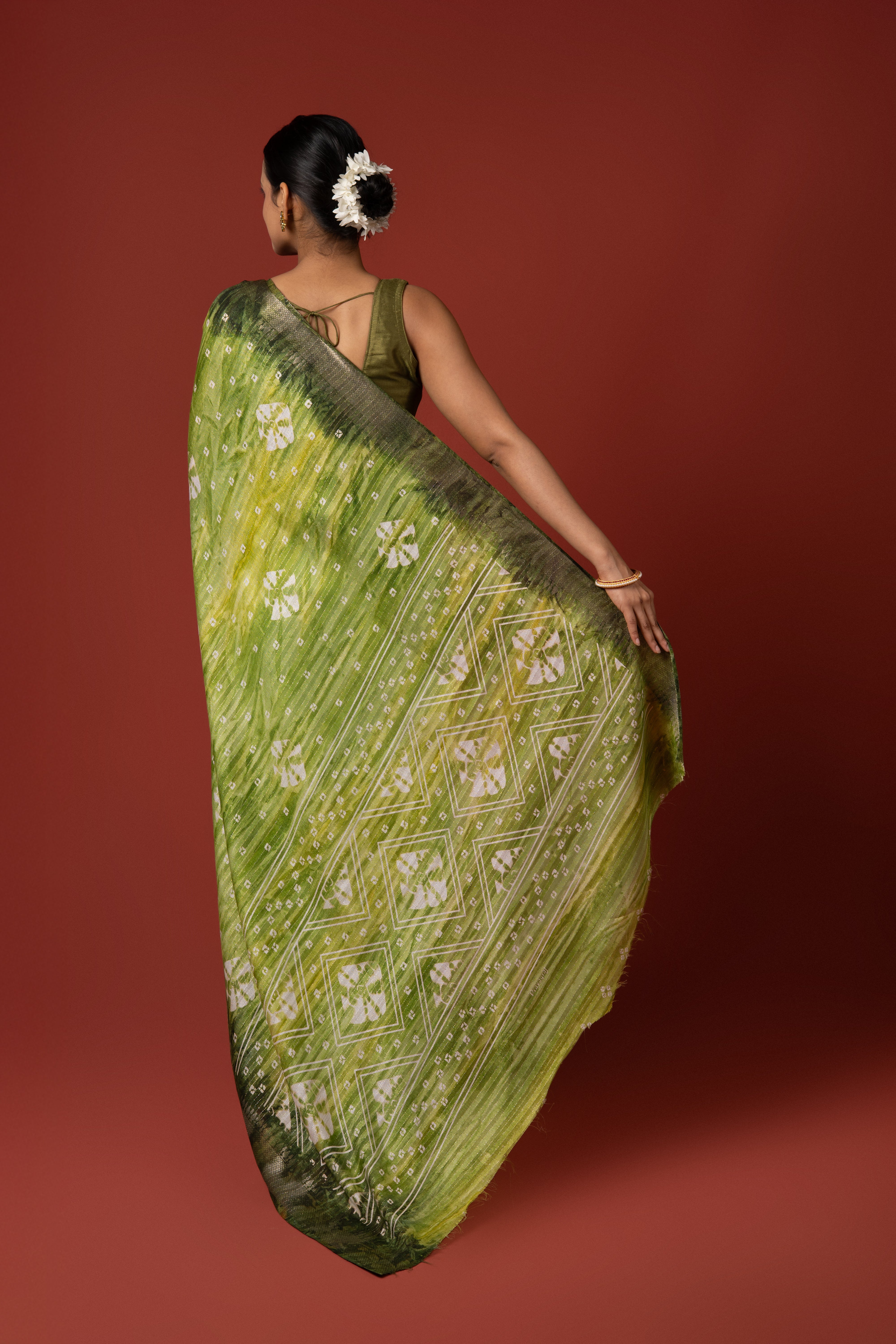 Lime Green Dola Silk Saree With Bandhani Print