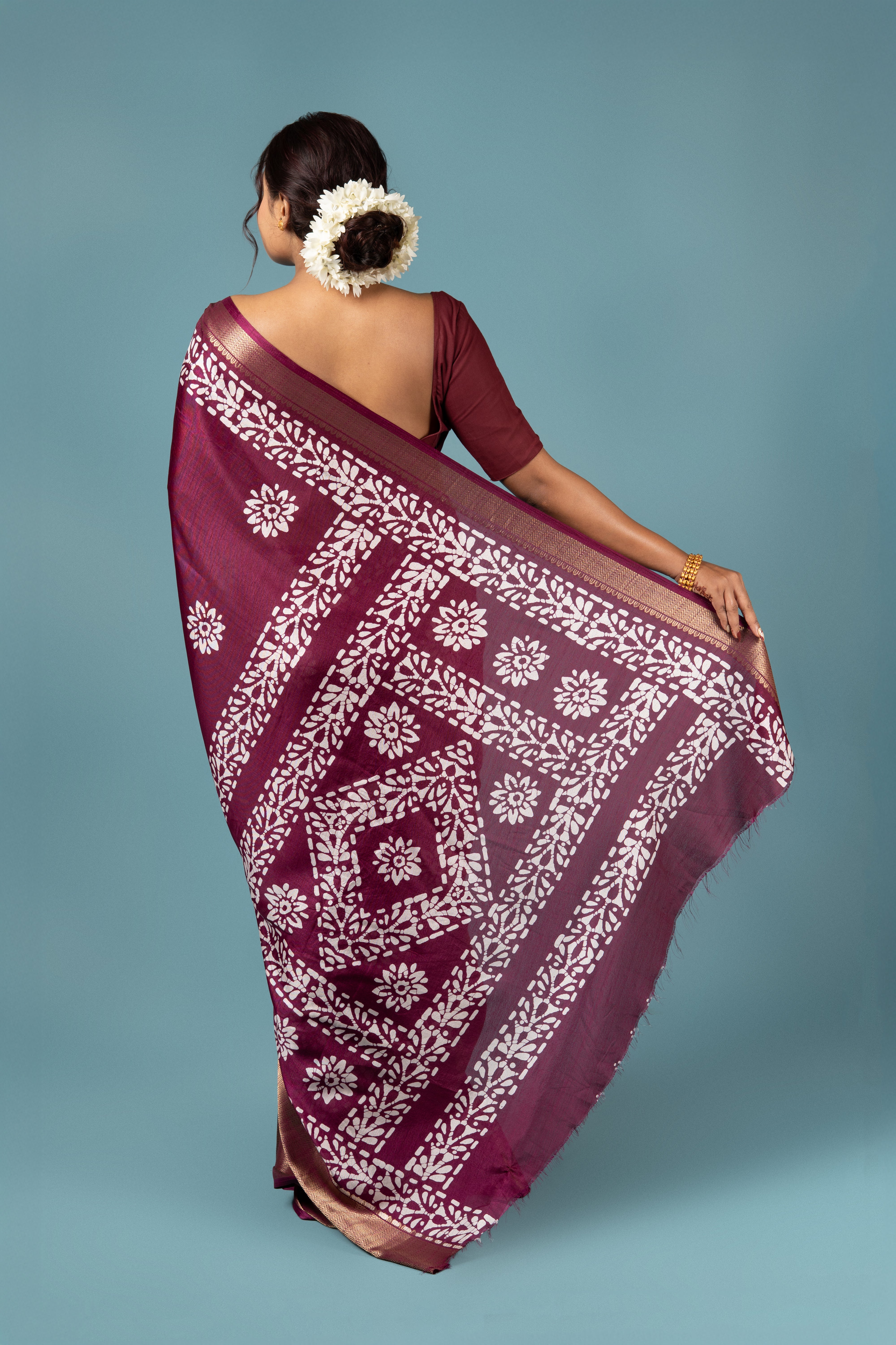 Wine Tussar Silk Saree with Batik Print