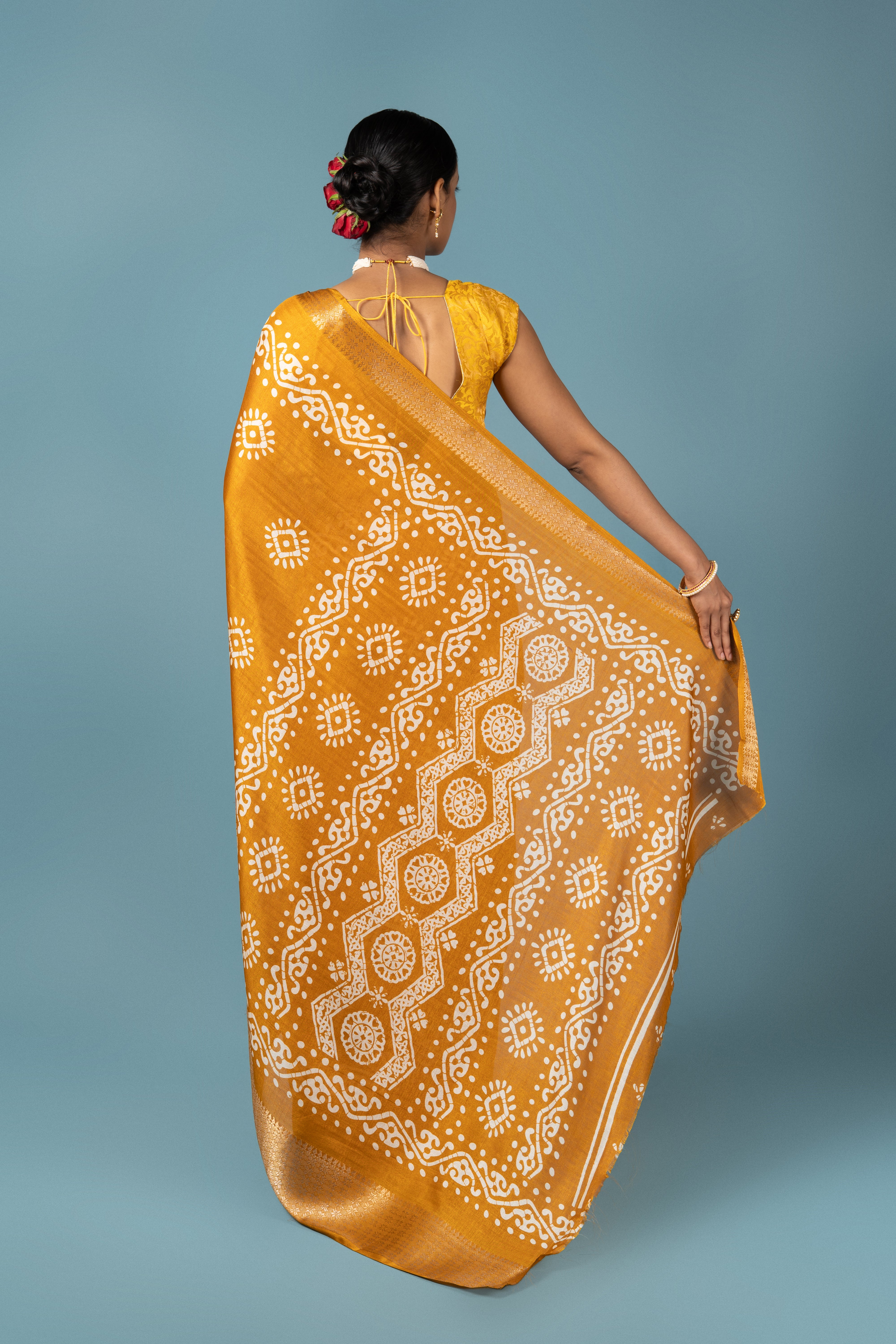 Mustard Yellow Tussar Silk Saree with Batik Print
