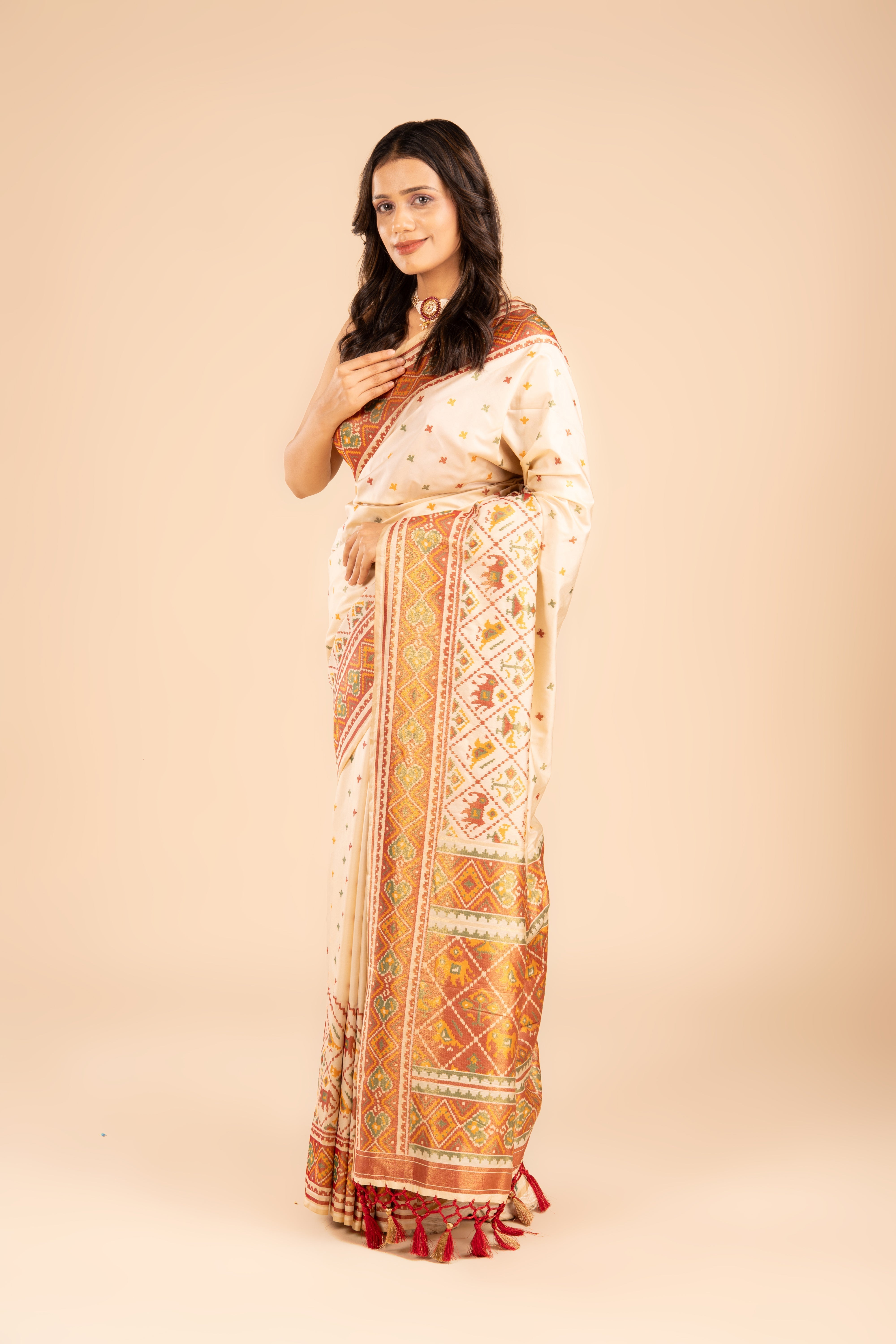 Cream Katan Silk Ikkat Saree
