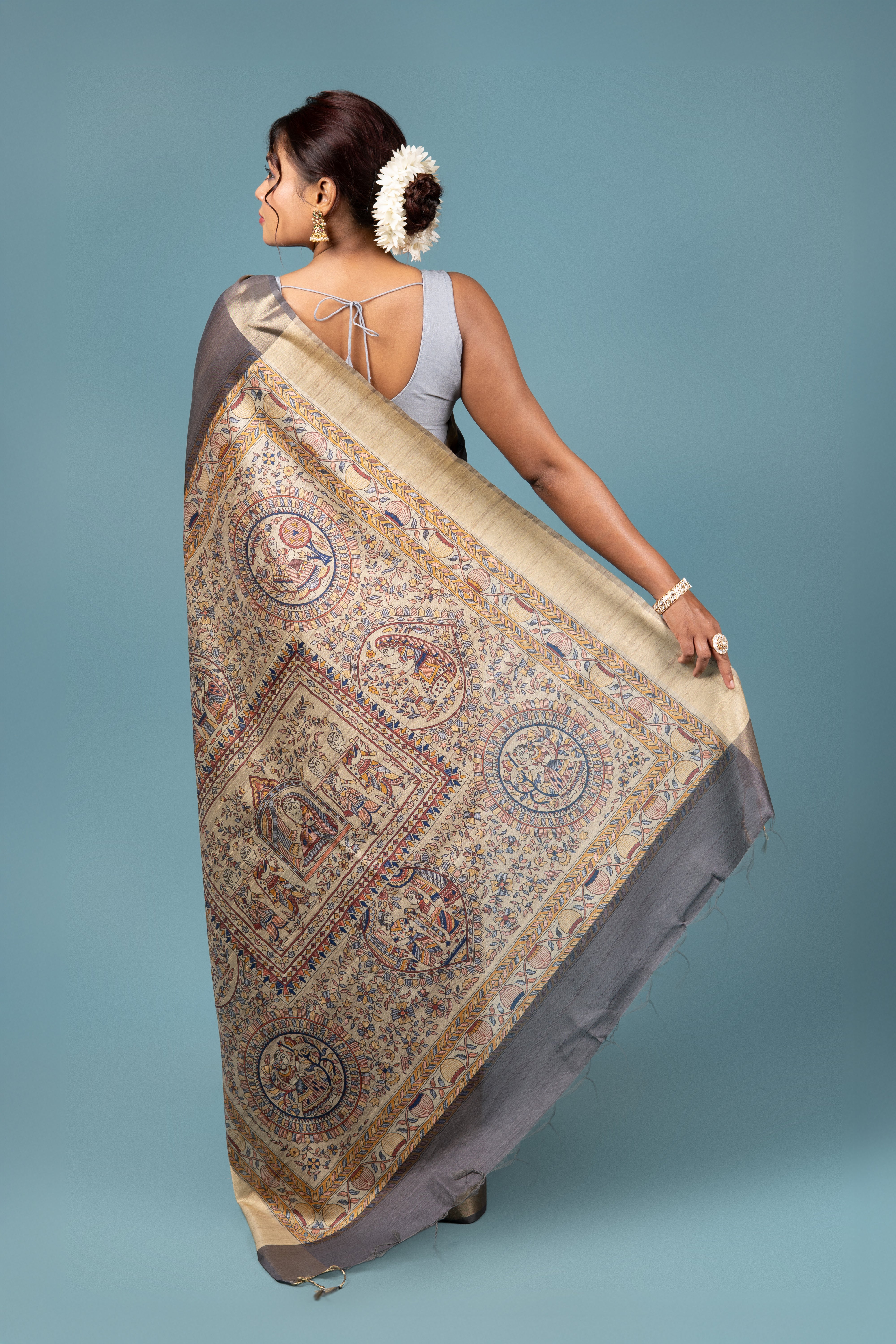 Grey Tussar Silk Saree With Madhubani Print