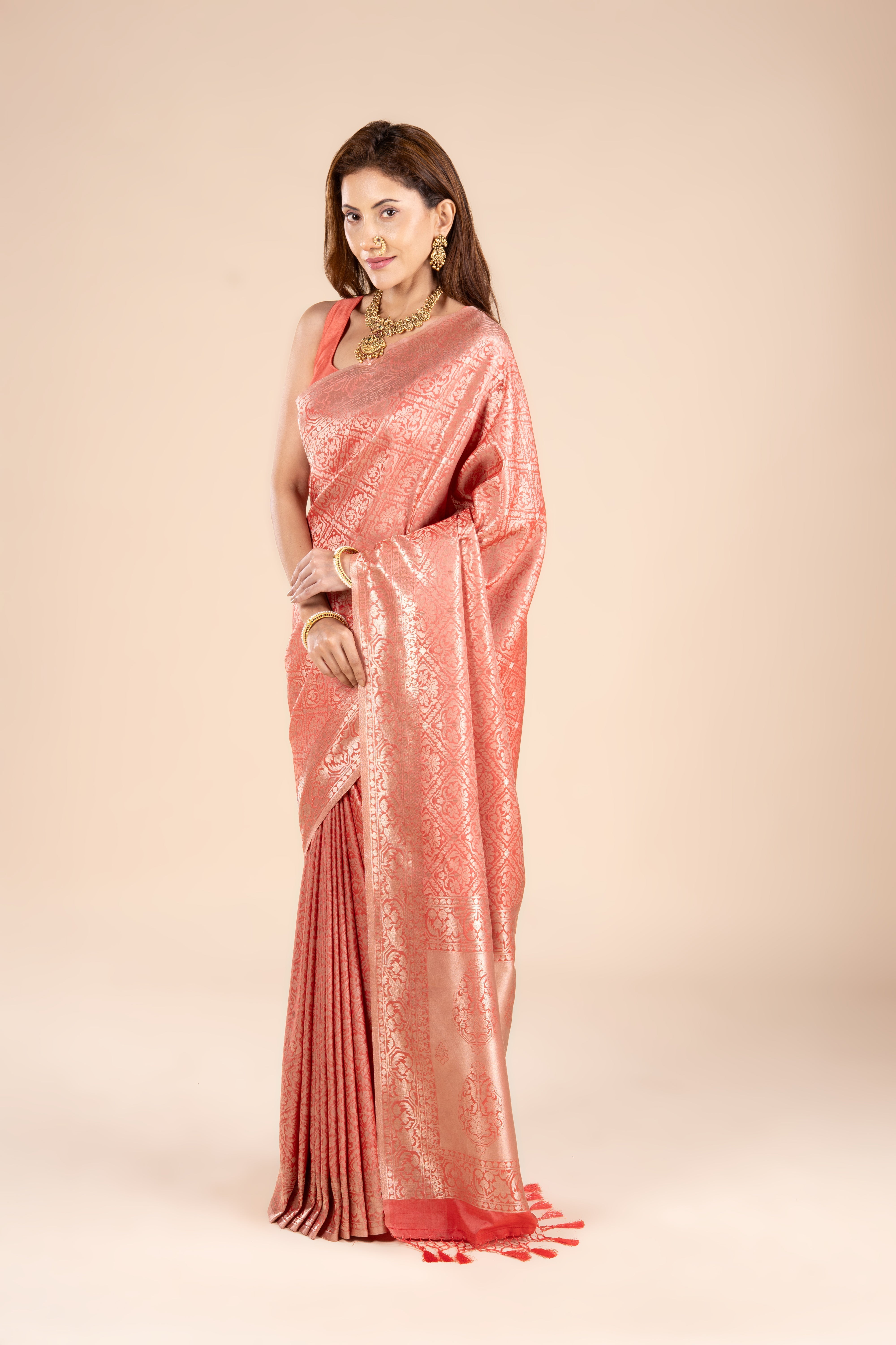Cherry Red Soft Silk Brocade Saree