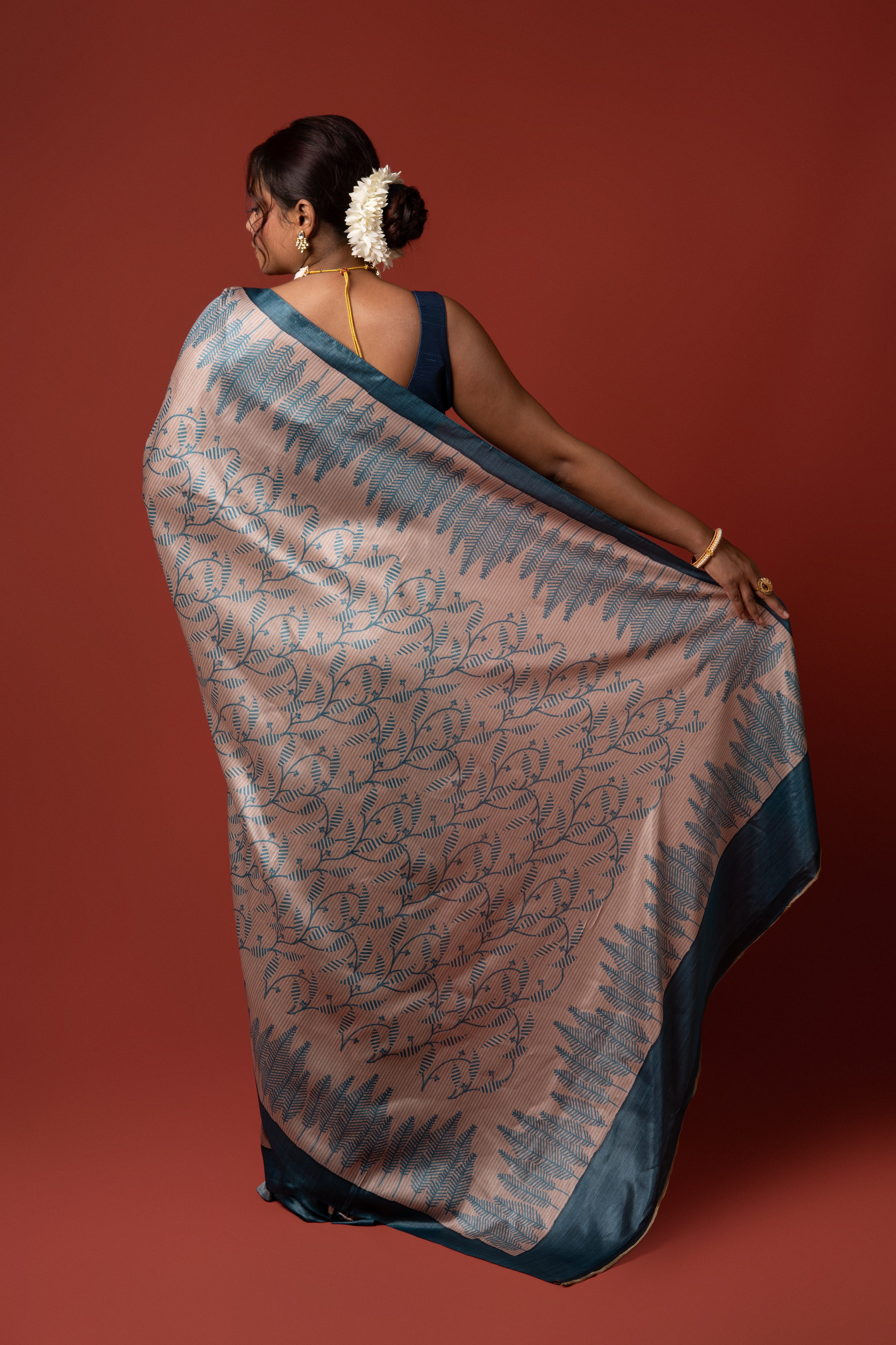 Beige And Blue Crepe Silk Saree