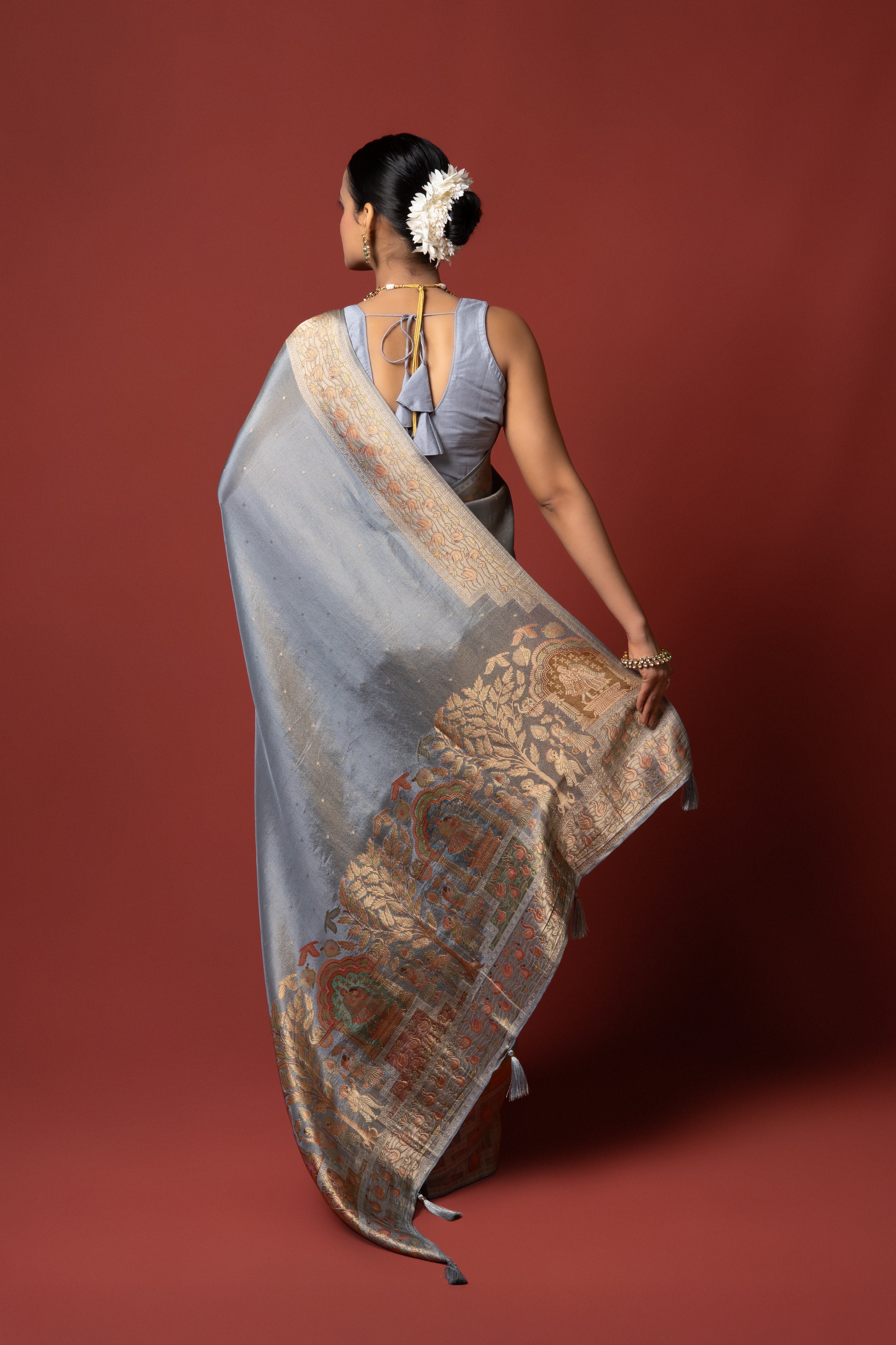 Grey Tussar Silk Saree