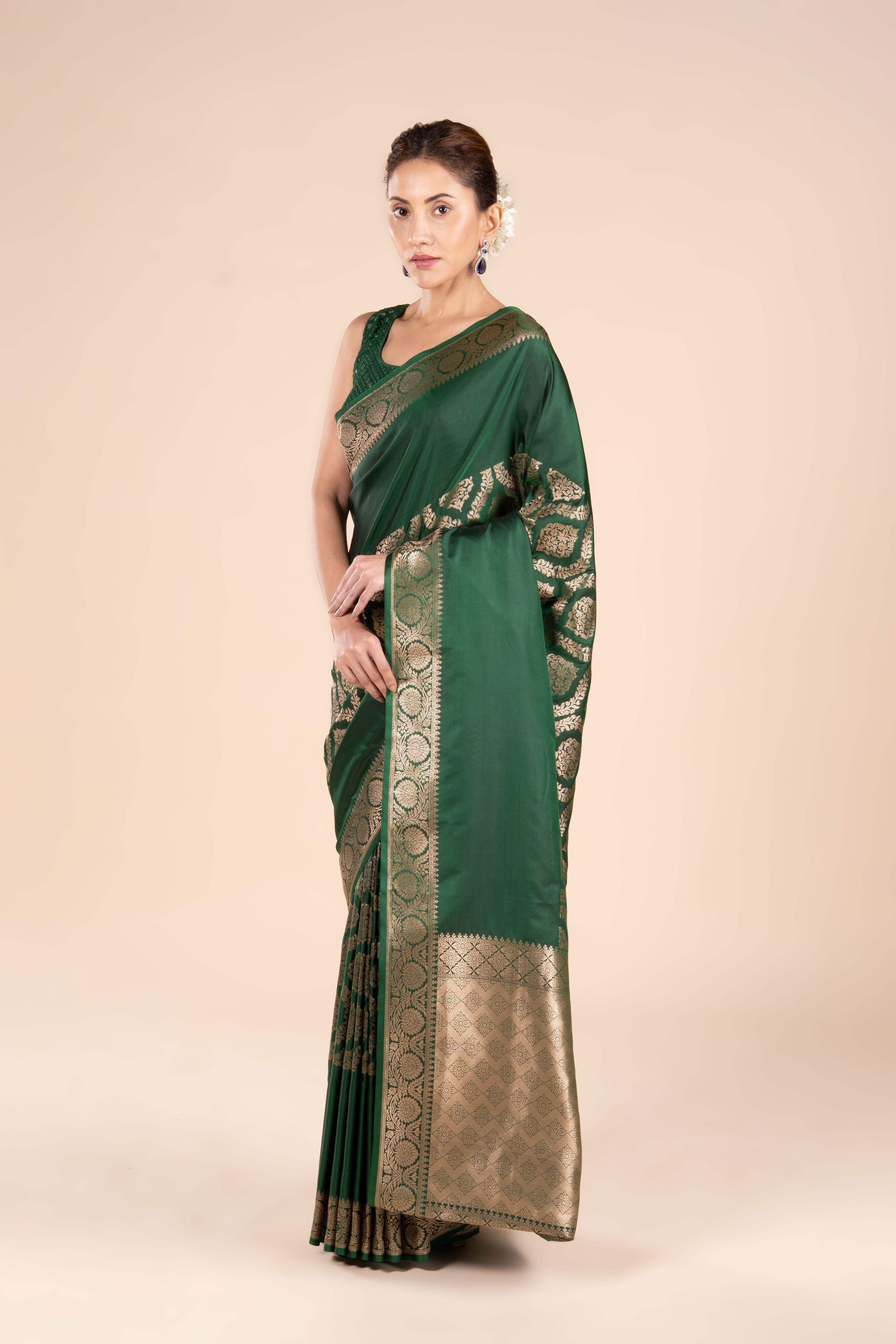 Bottle Green Katan Silk Banarasi Saree