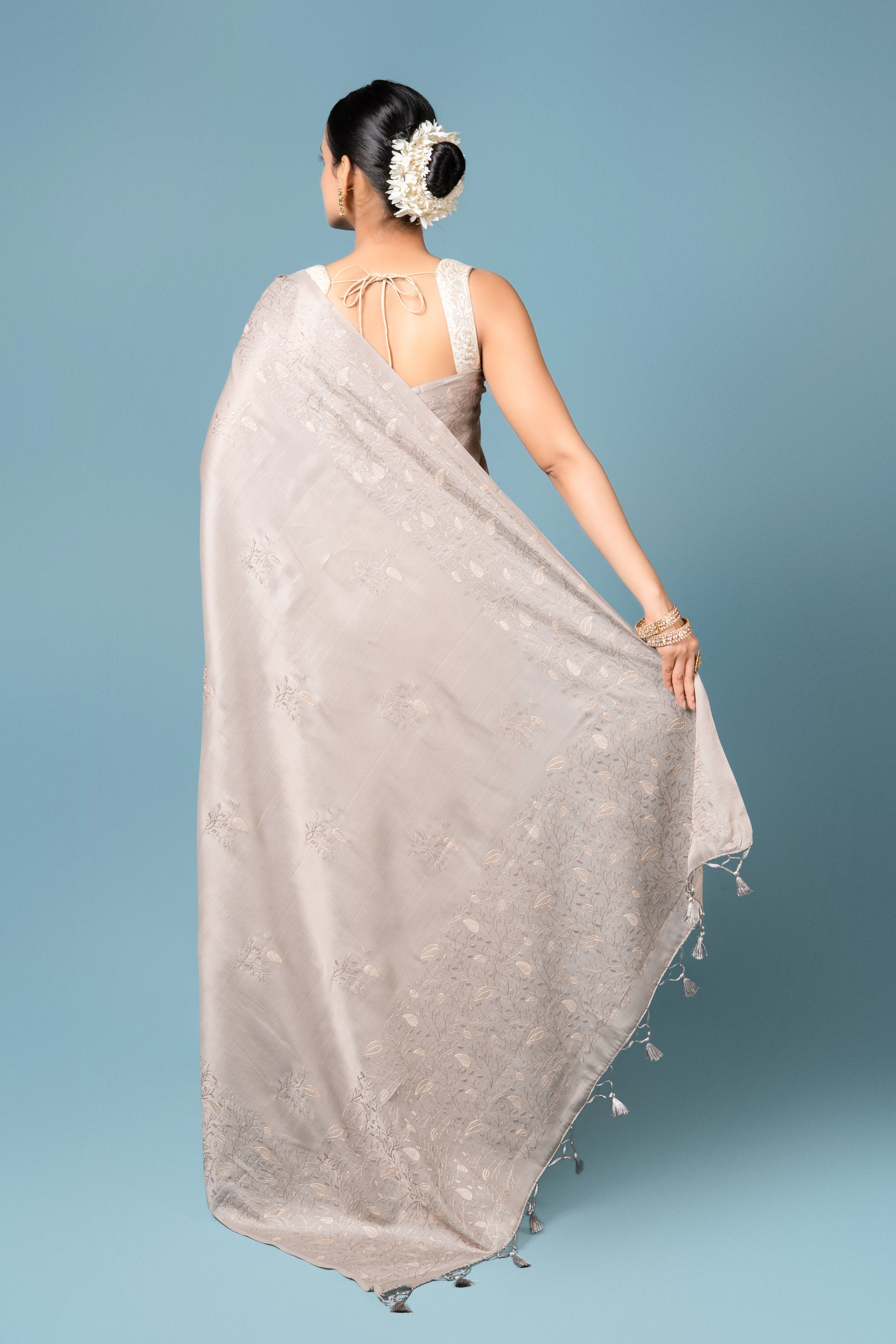 Steel Grey Tussar Silk Saree