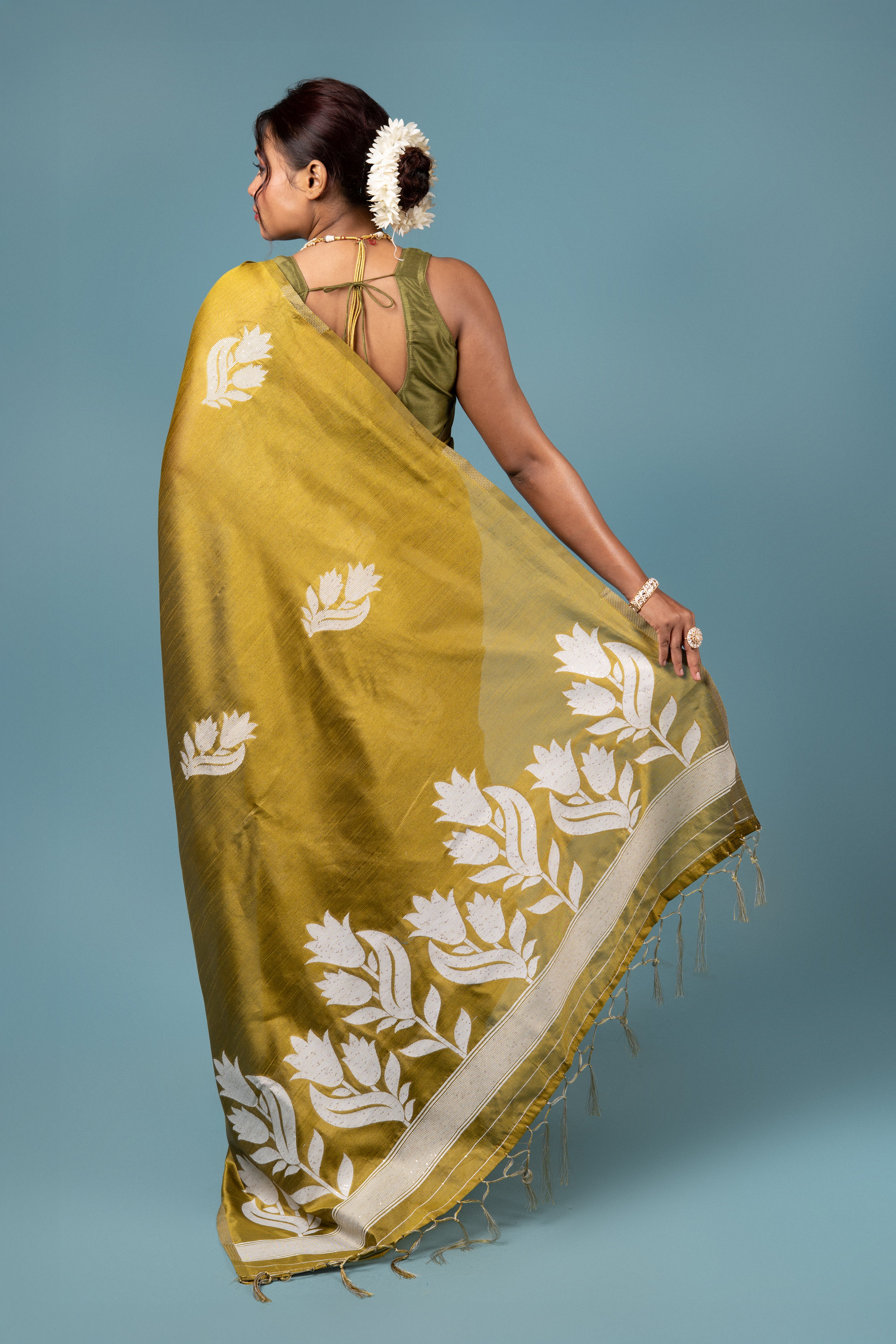Olive Green Tussar Silk Saree