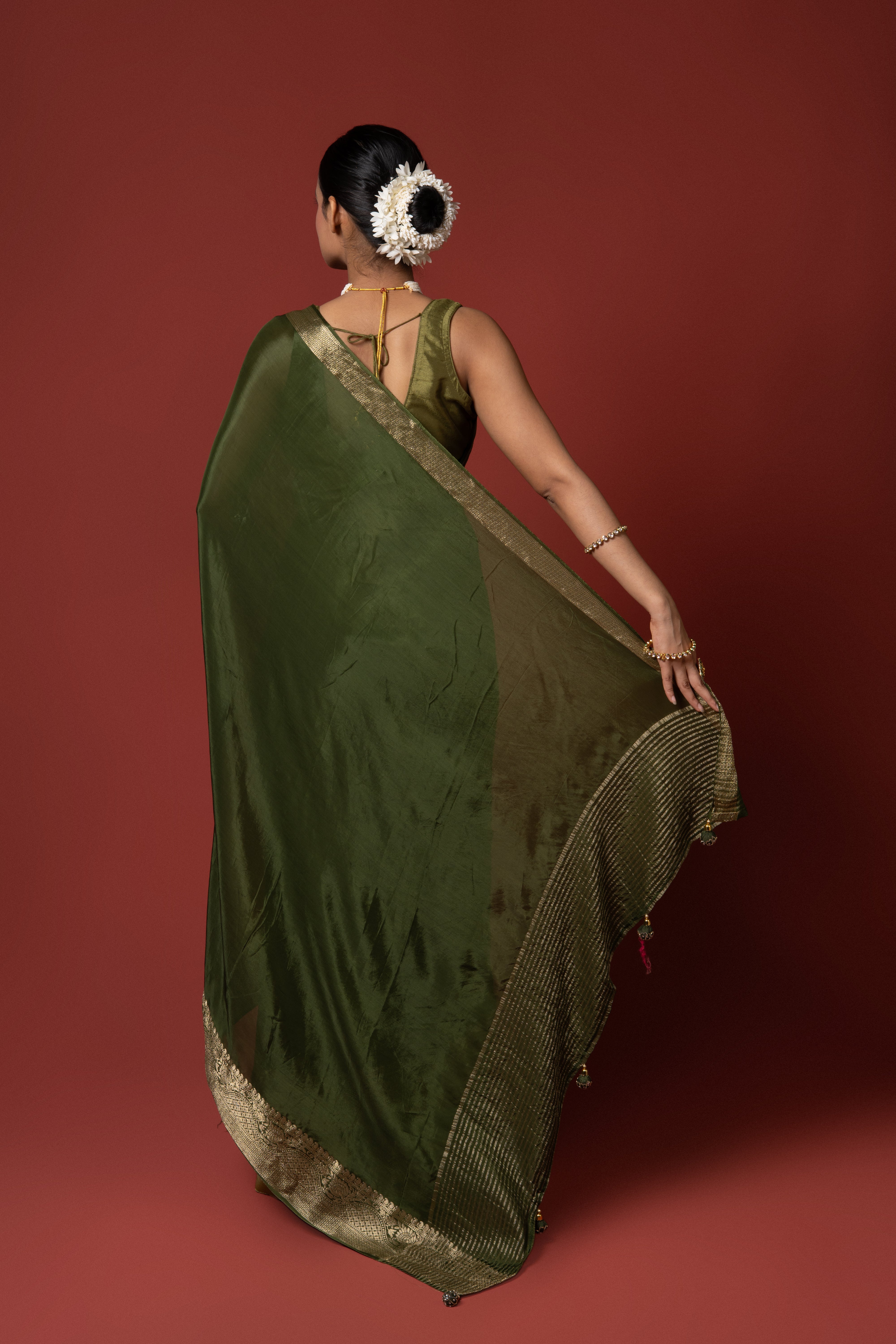 Olive Green Crepe Silk Saree