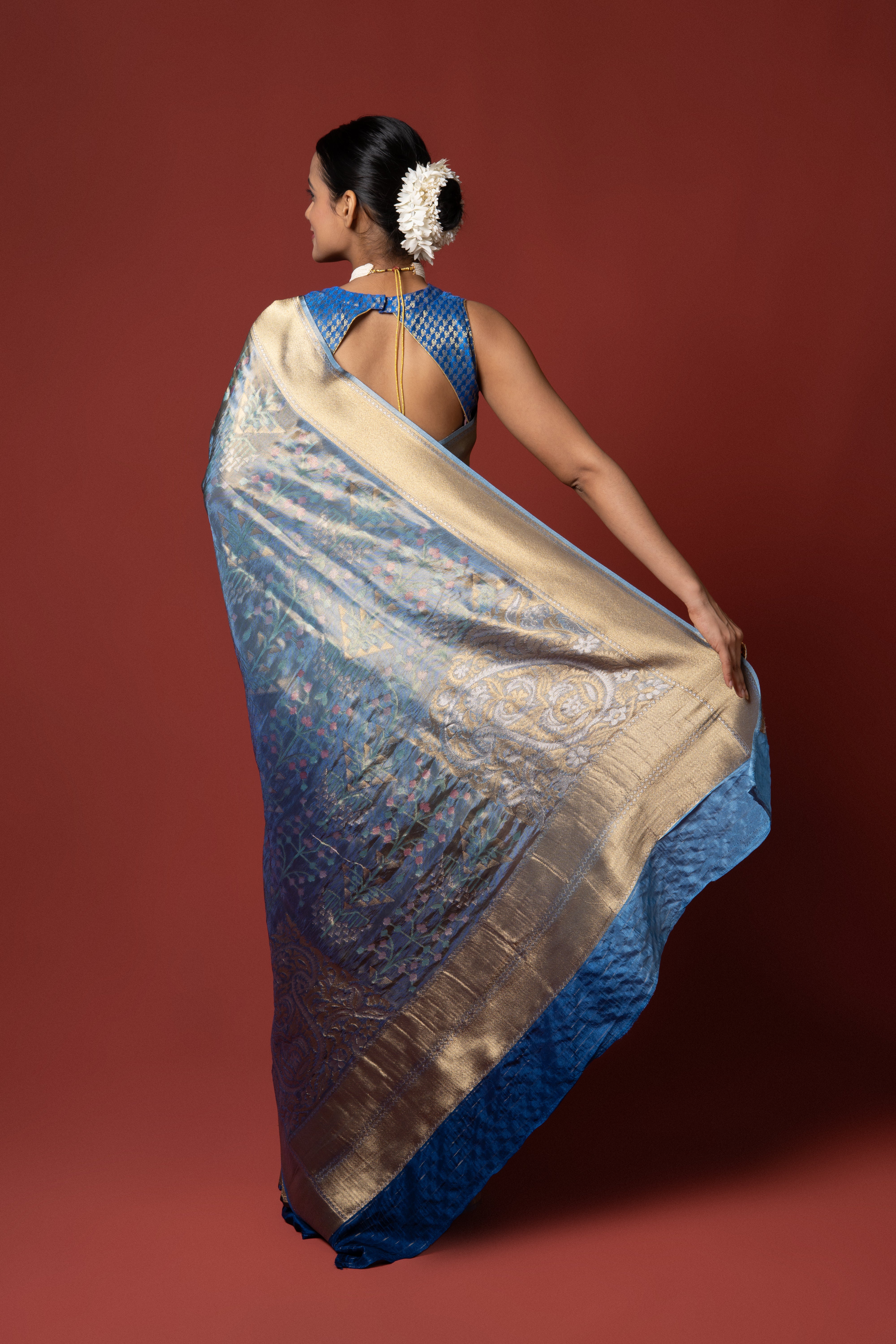 Blue and Grey Tissue Silk Saree