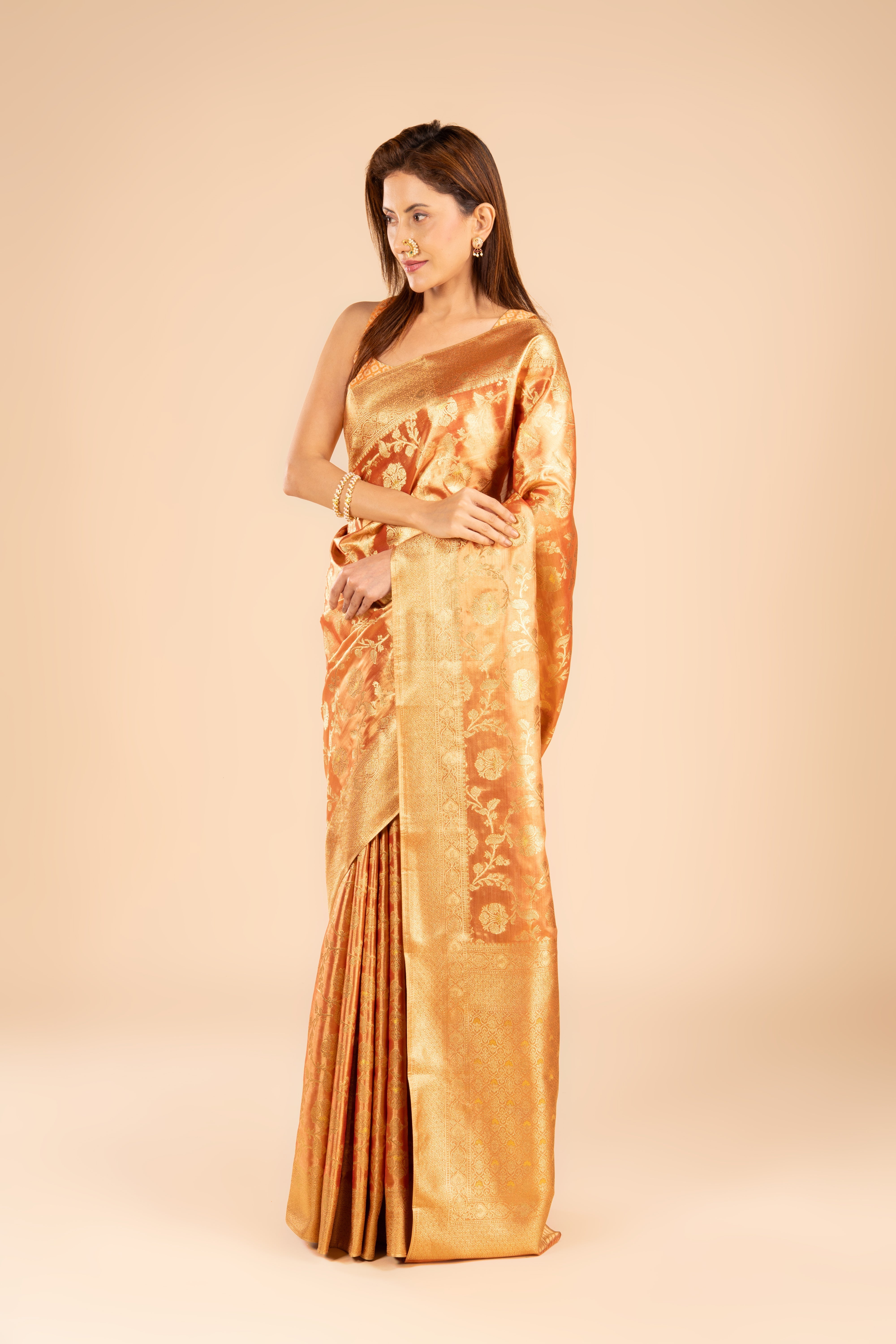 Orange Tissue Silk Brocade Saree with Jaal pattern