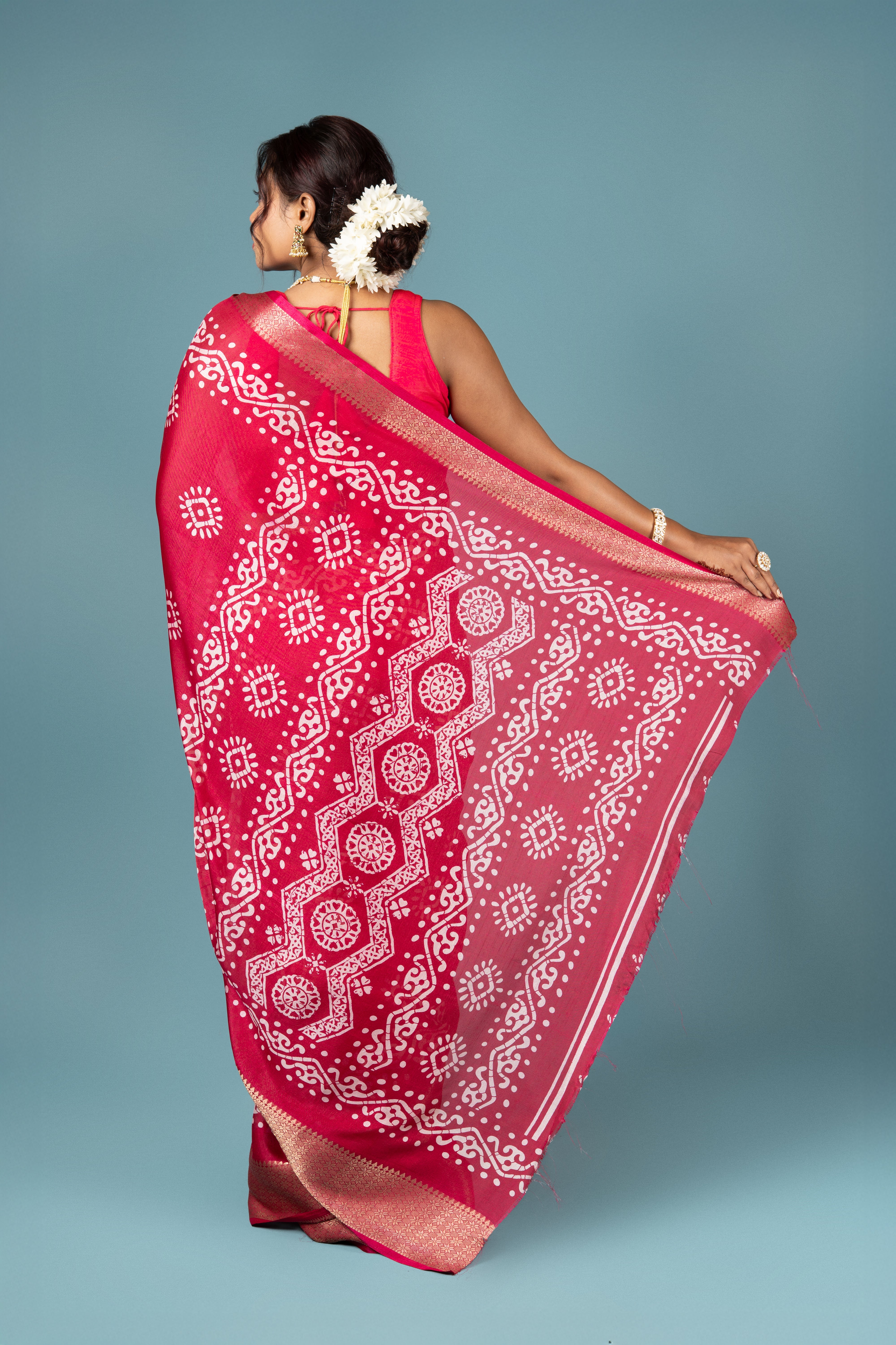 Red Tussar Silk Saree with Batik Print
