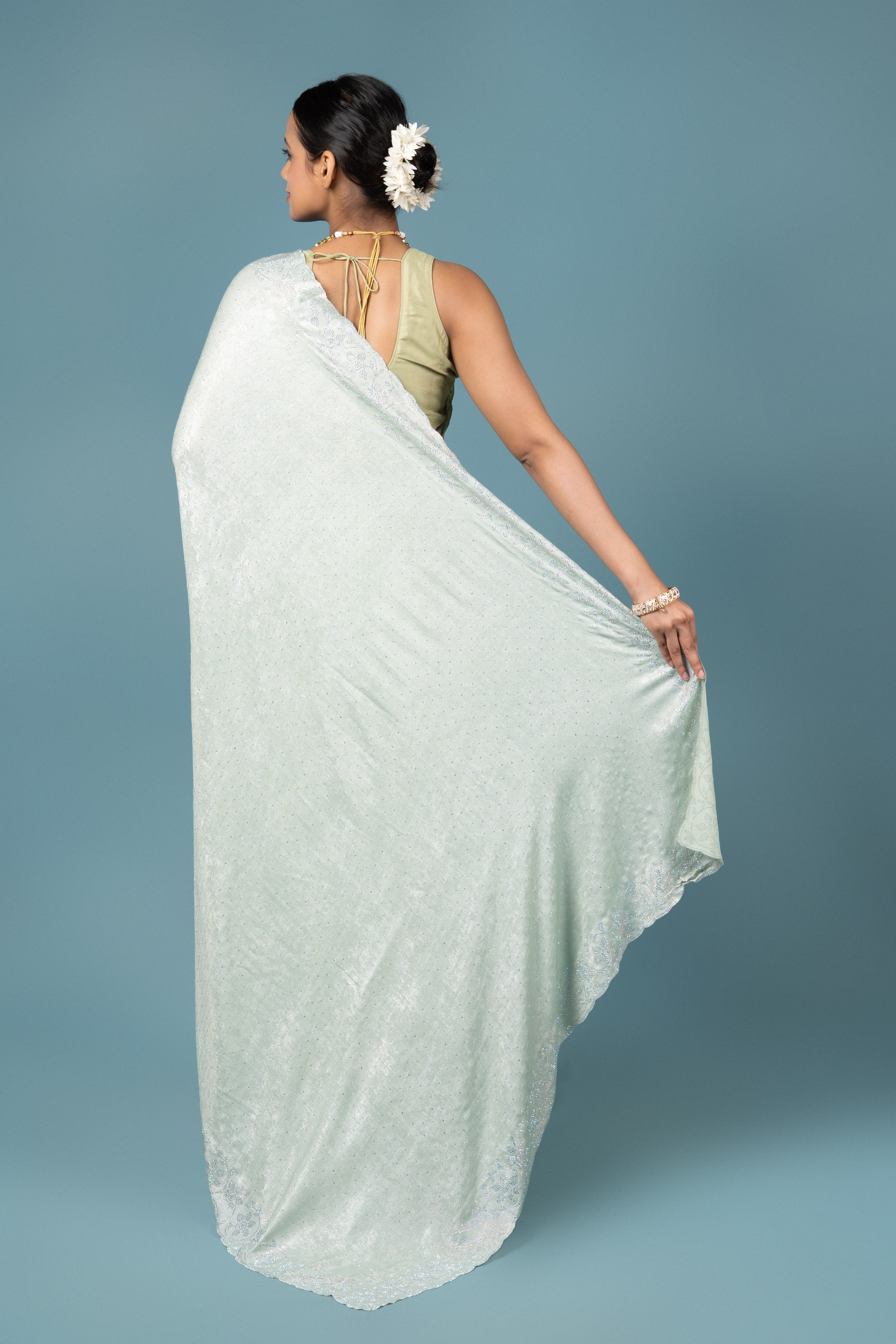 Pastel Green Georgette Saree with Stone Work