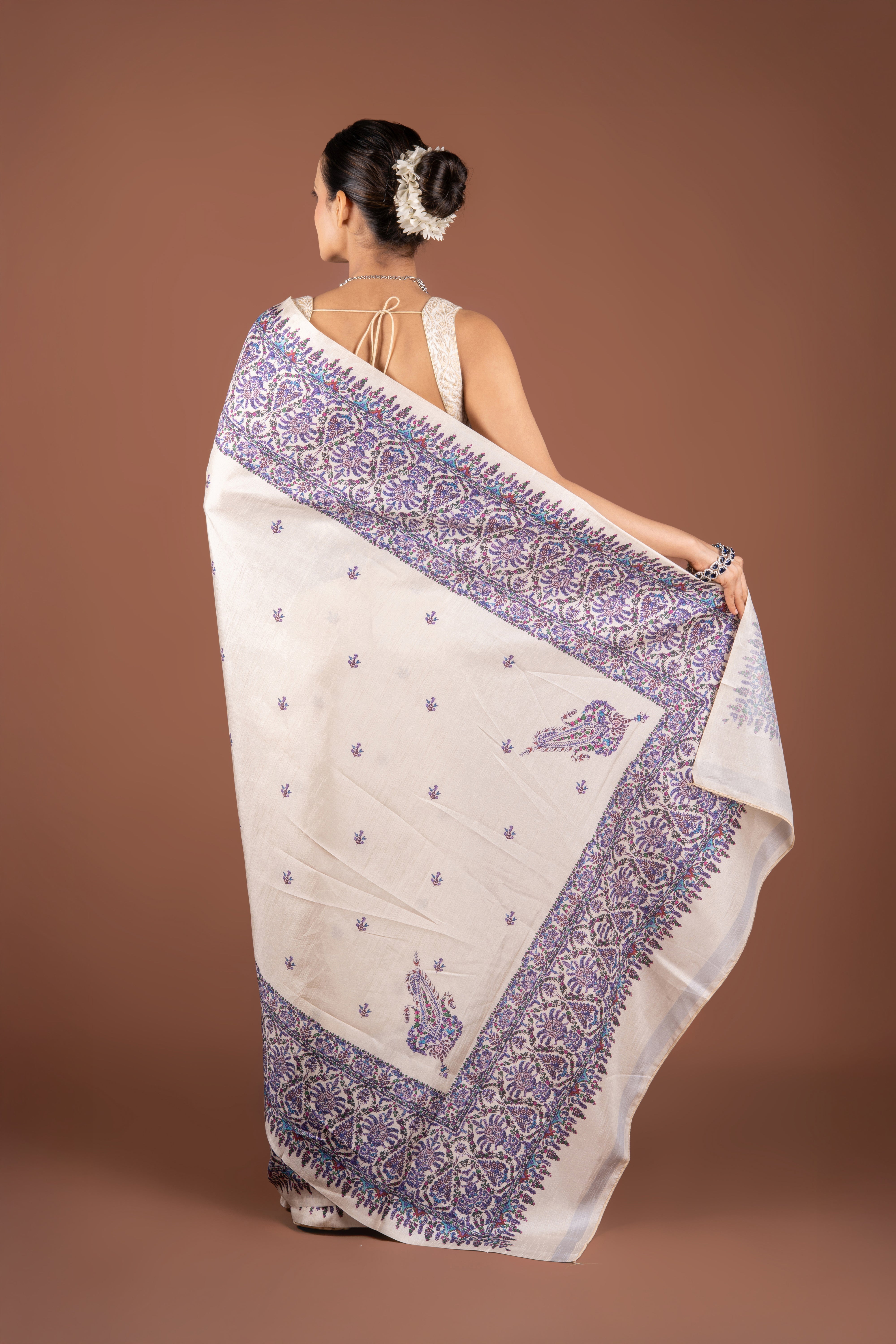 Cream Tussar Silk Saree with Block Print