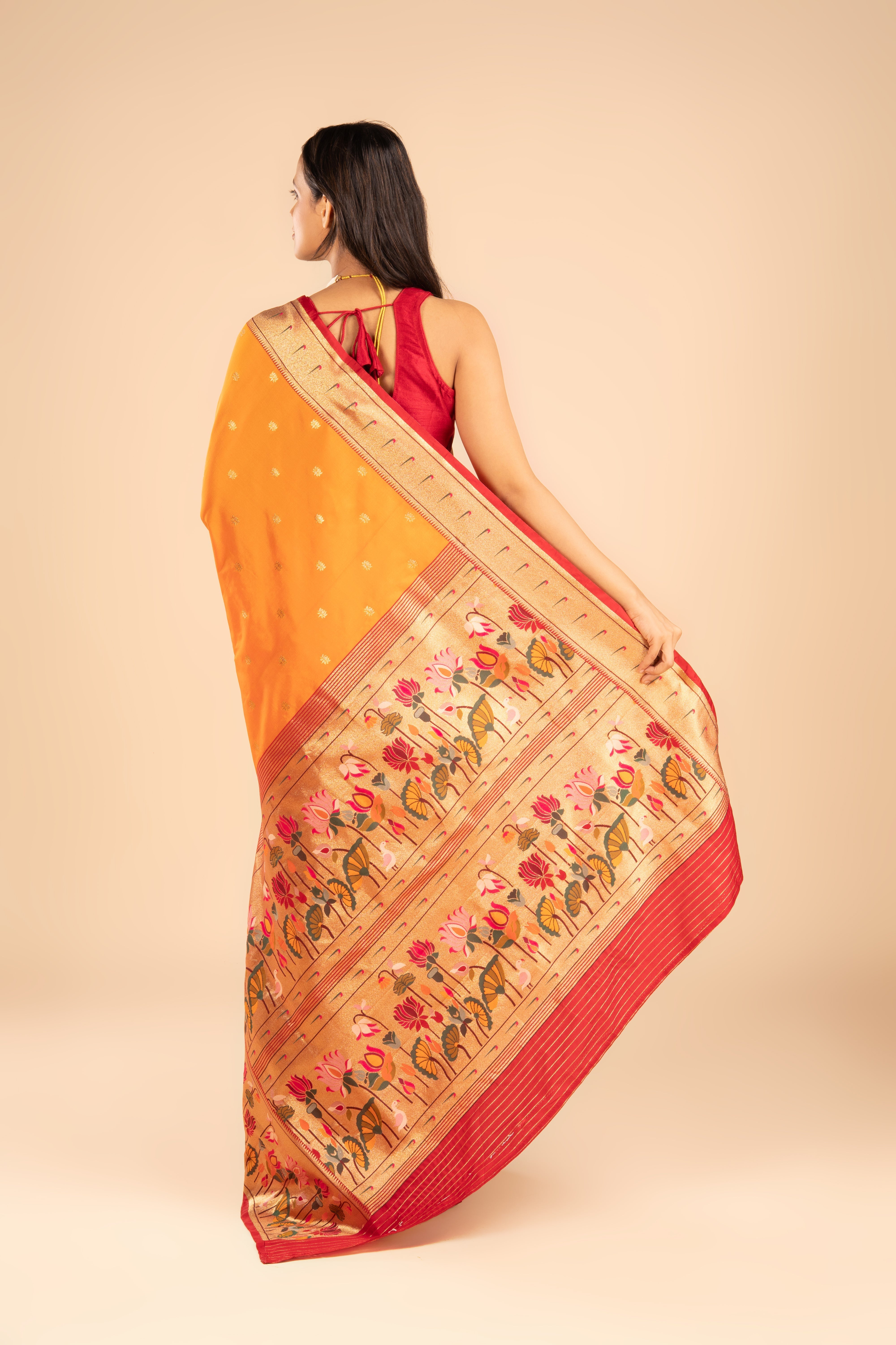 Orange Katan Silk Paithani Saree with Lotus border