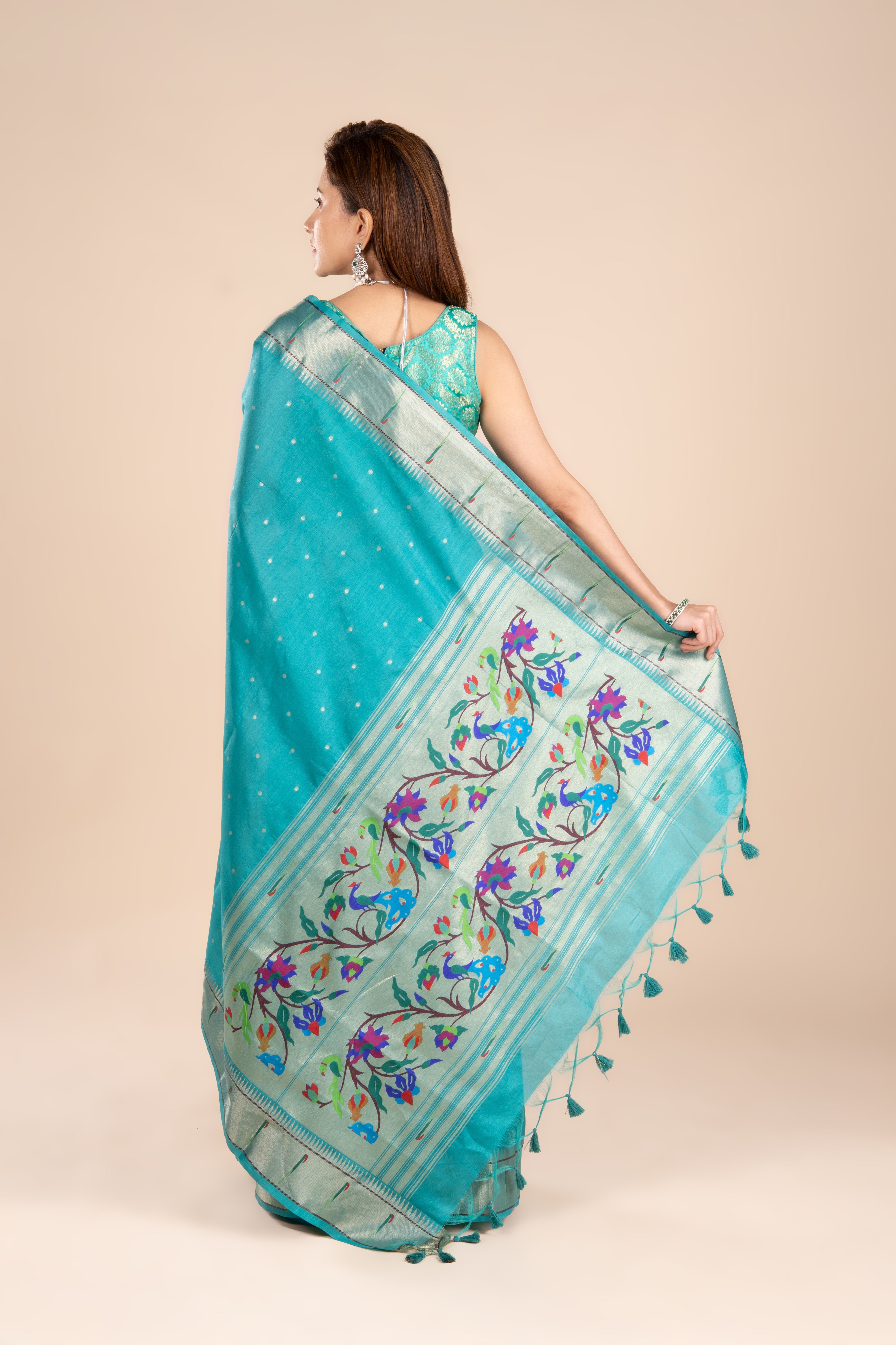 Sea Green Tussar Silk Paithani Saree with Munya Border