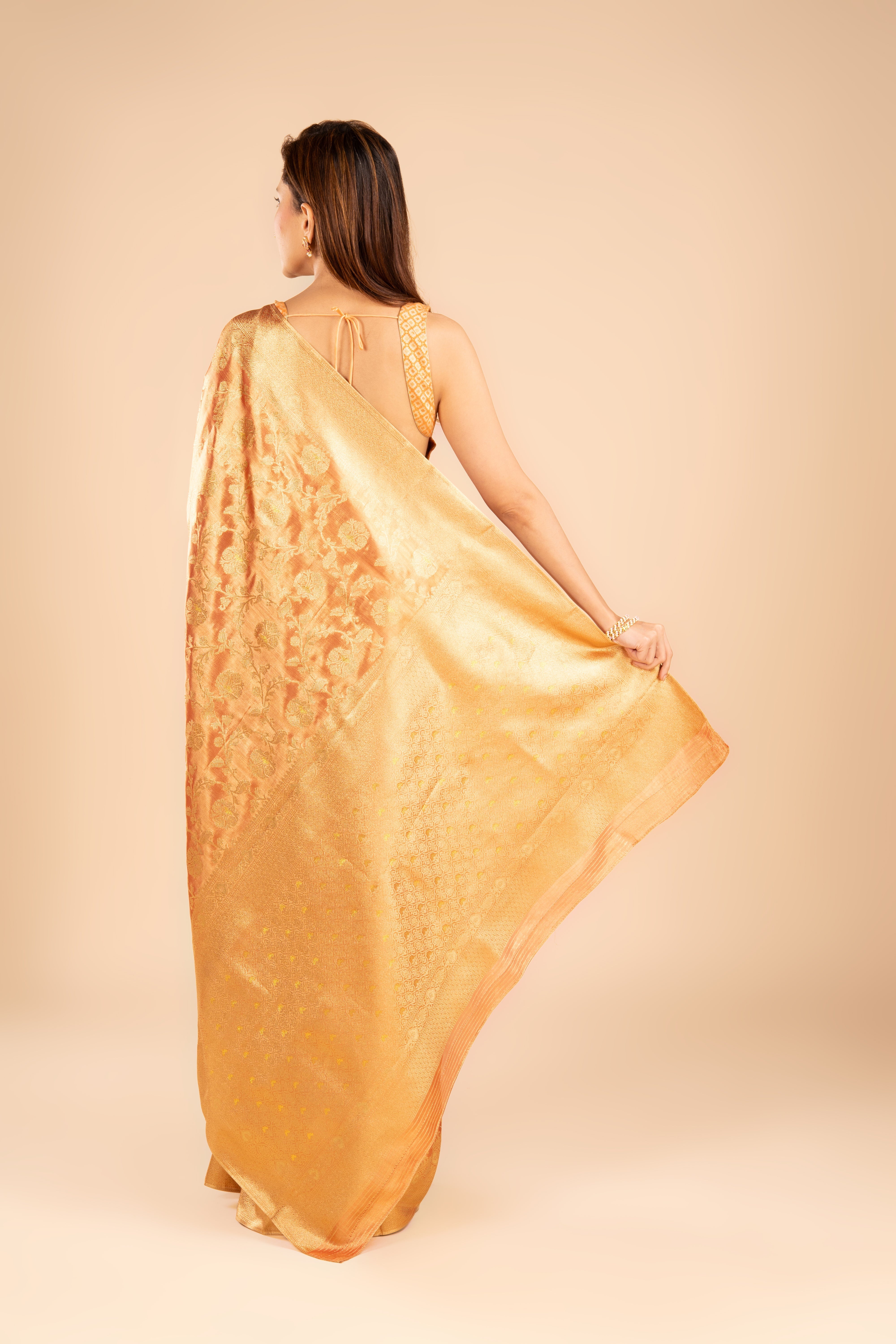 Orange Tissue Silk Brocade Saree with Jaal pattern