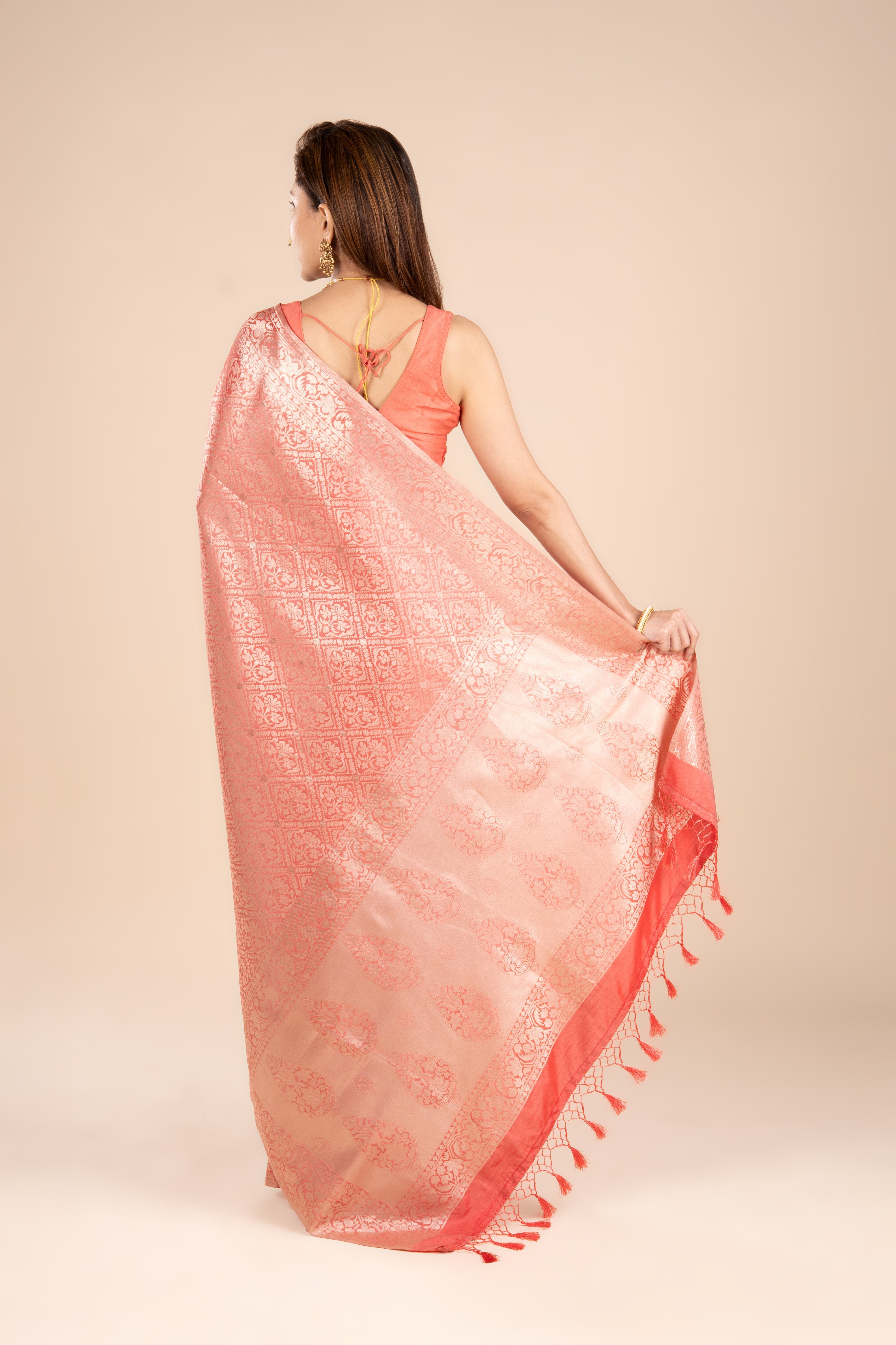 Cherry Red Soft Silk Brocade Saree