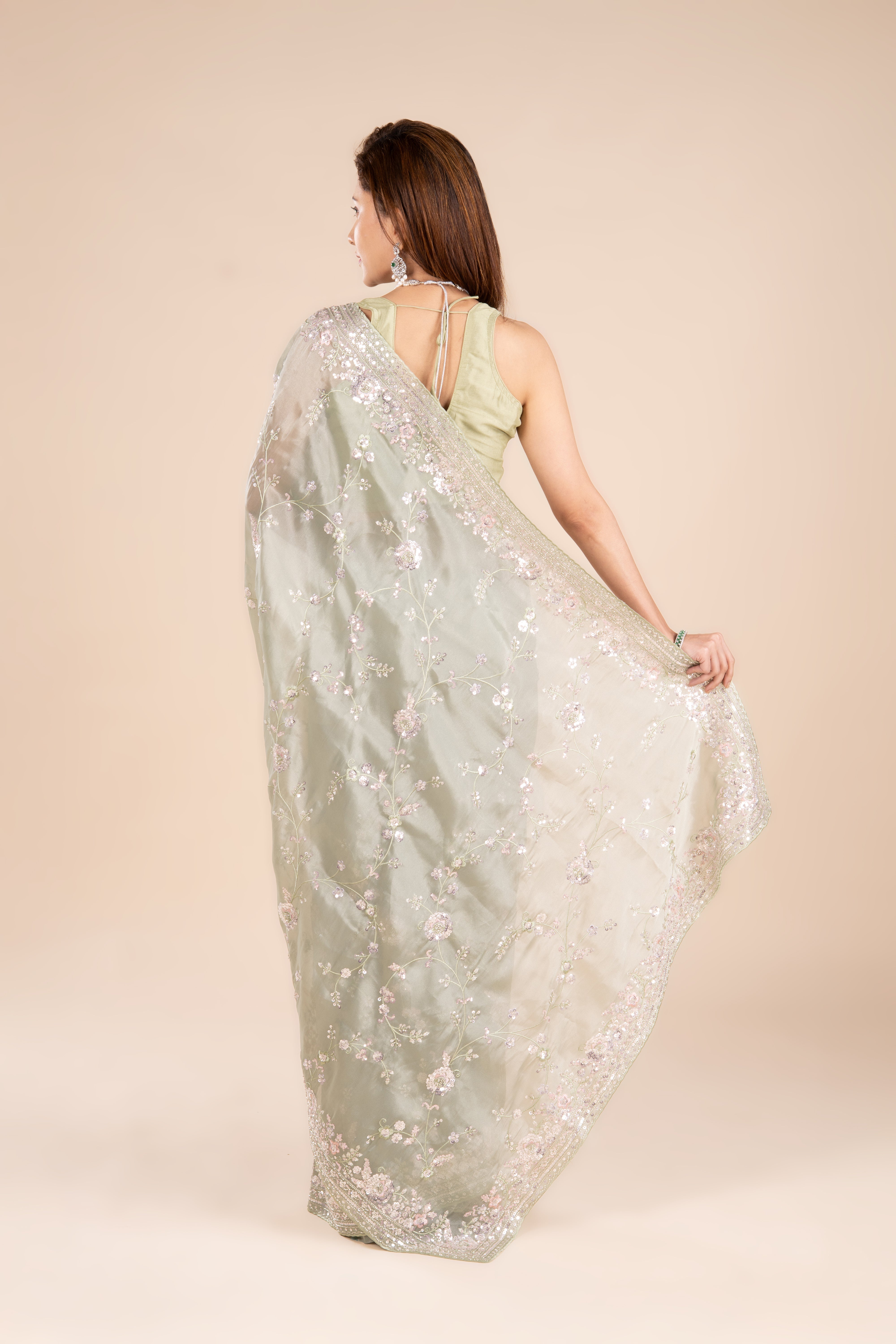 Pastel Green Organza Saree with Sequins and Threadwork