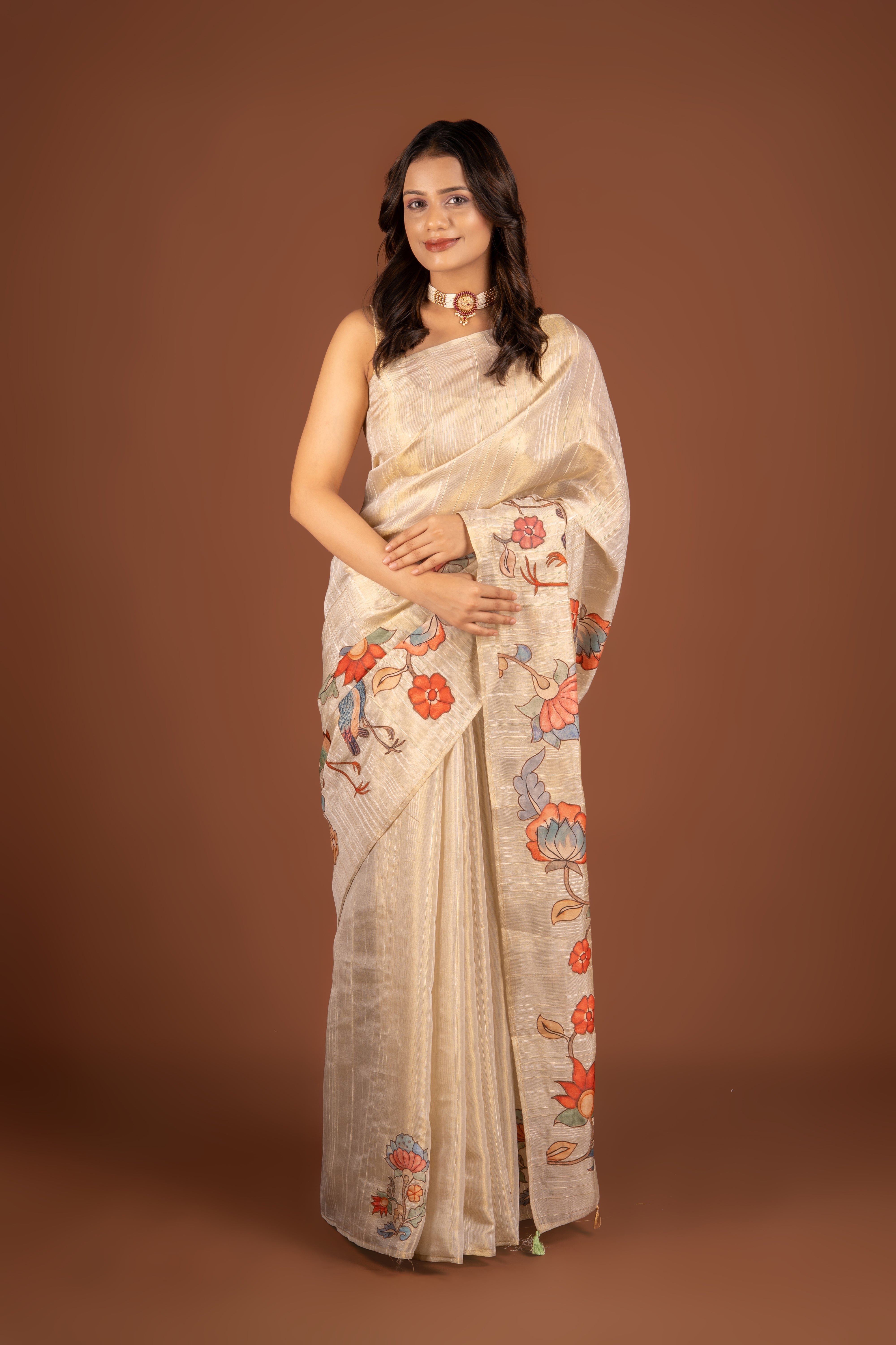 Cream Tissue Silk Saree with Kalamkari Print