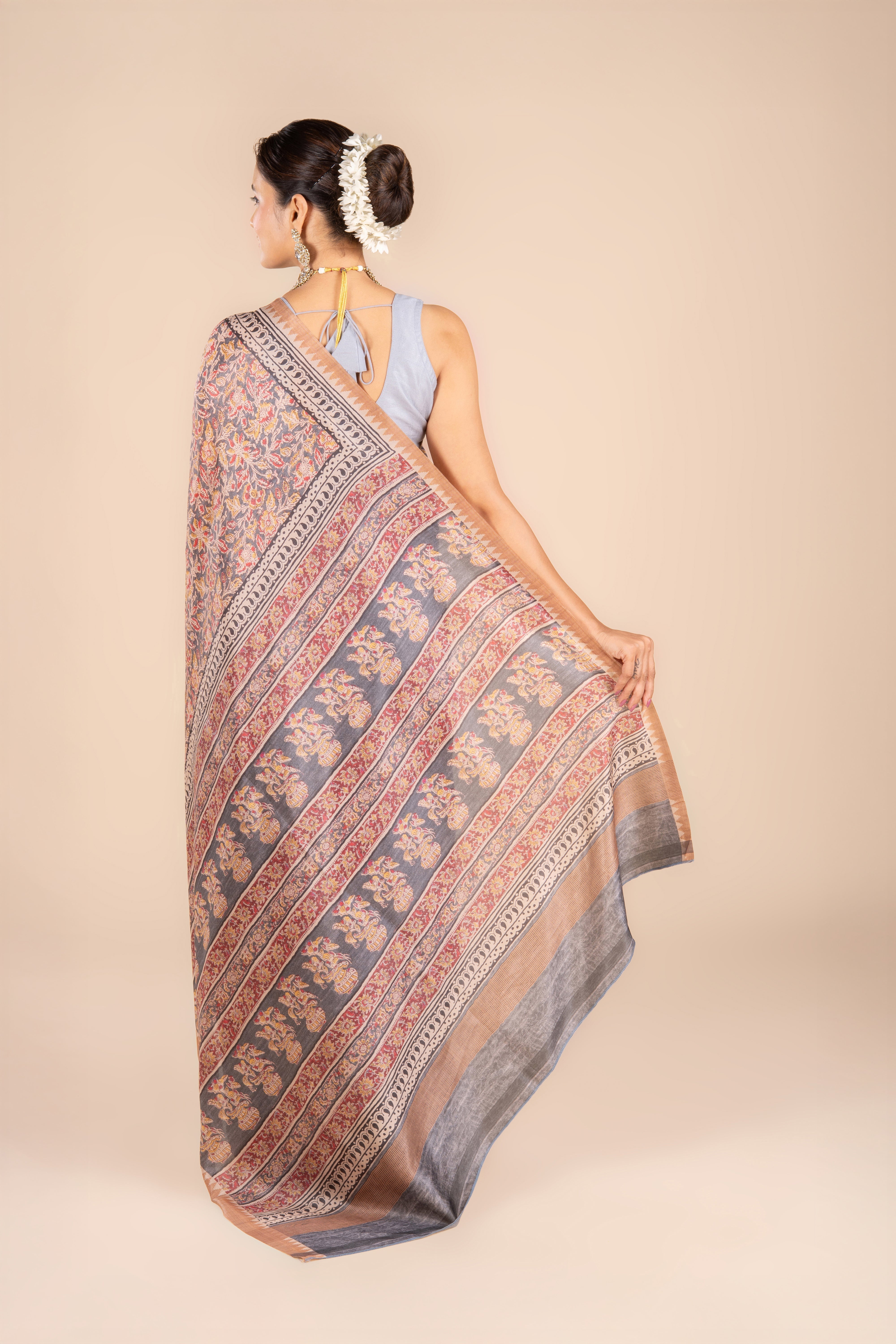 Grey Dupion Silk Saree with Floral Print