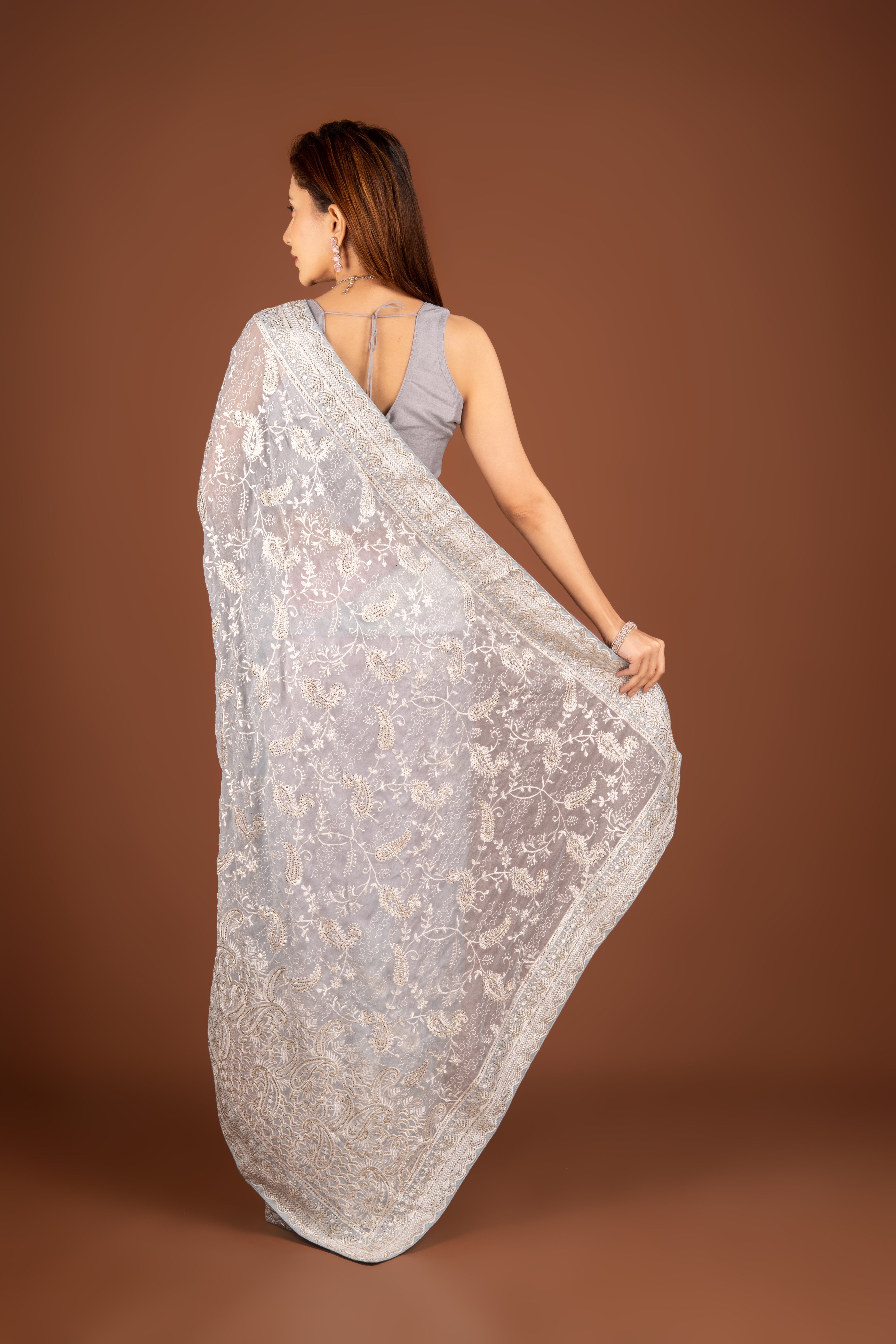 Pastel Blue Organza Saree with Stonework