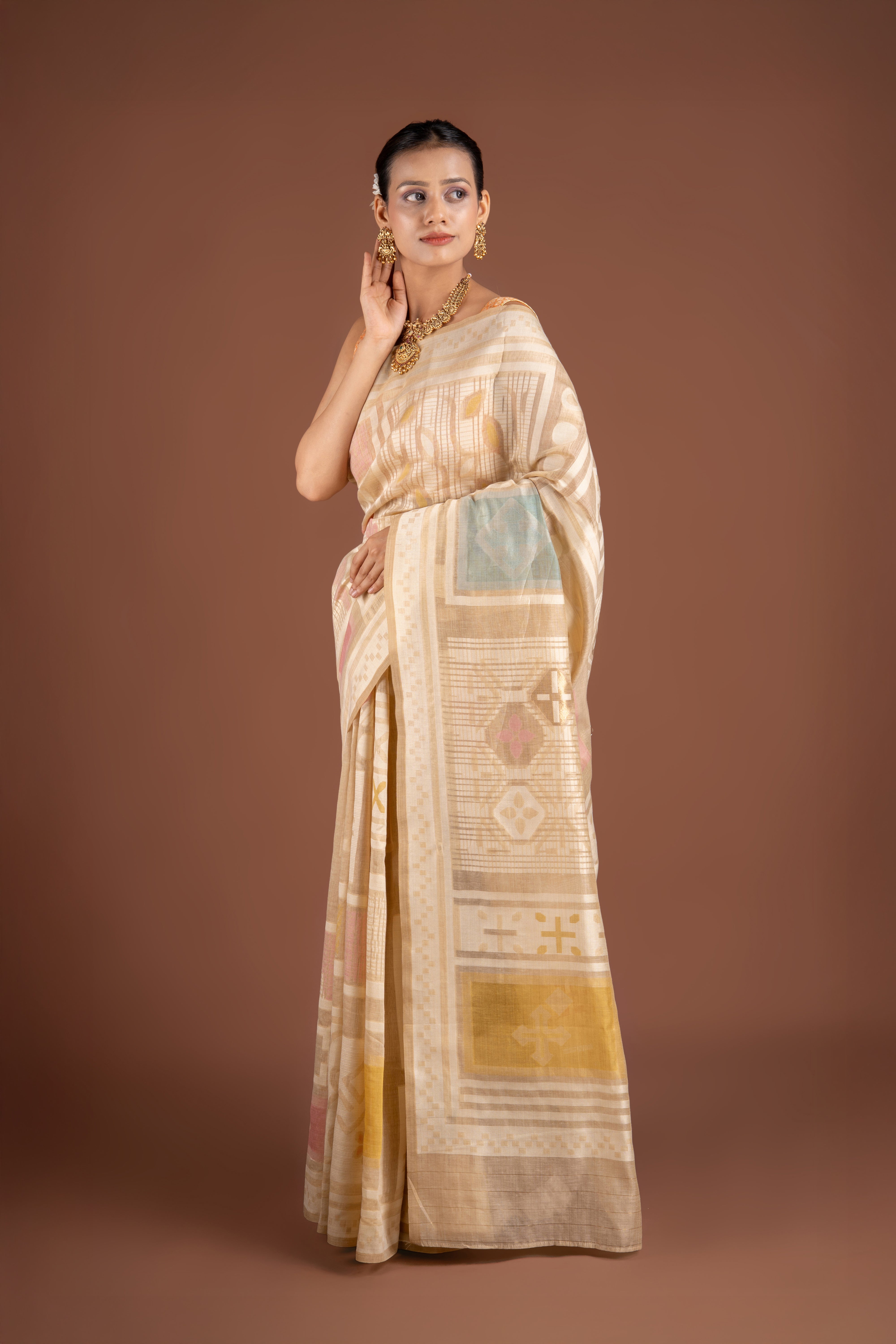 Earthy Beige Cotton Saree with Geometric pattern