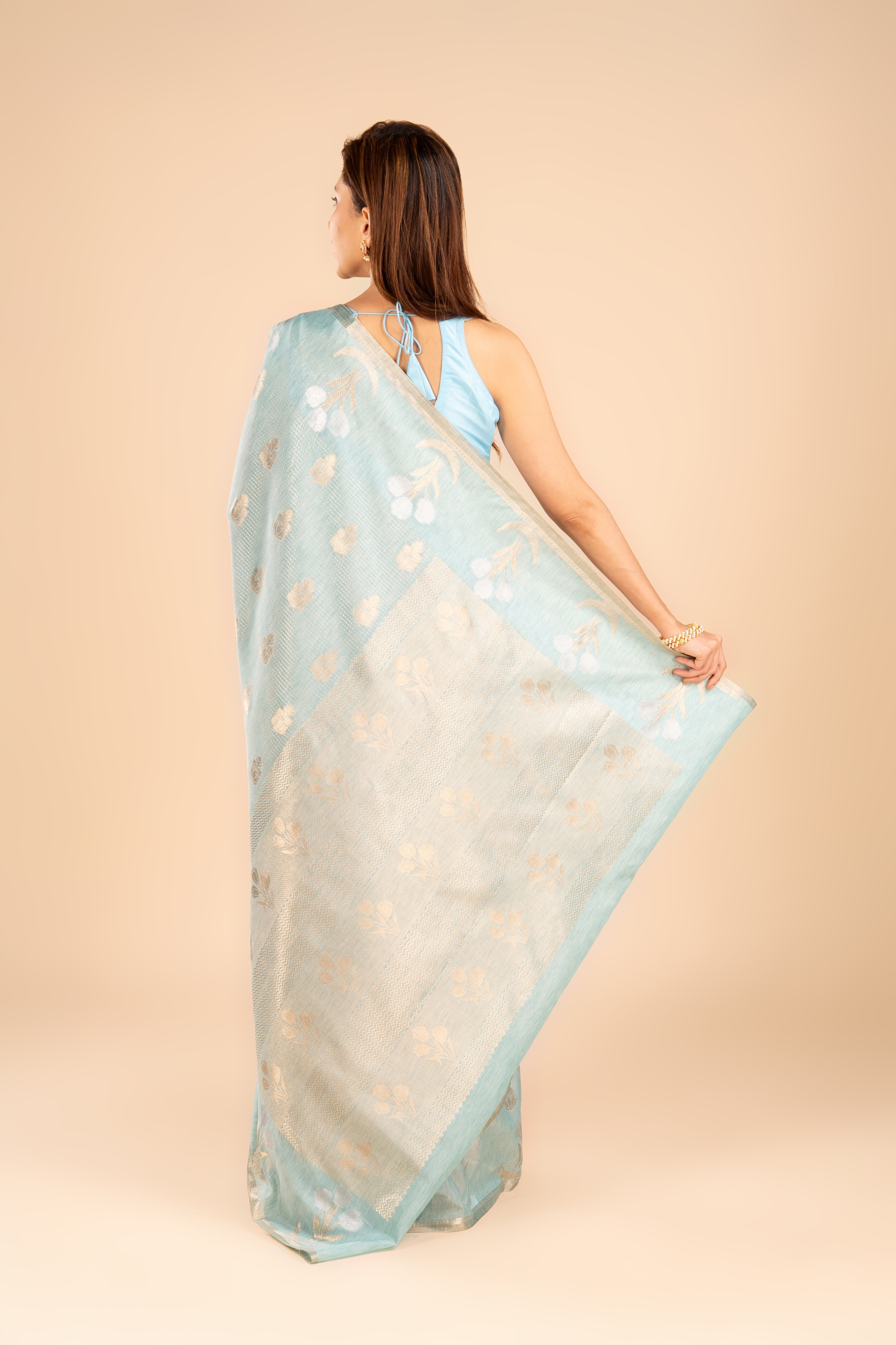 Pastel Blue Tussar Silk Saree