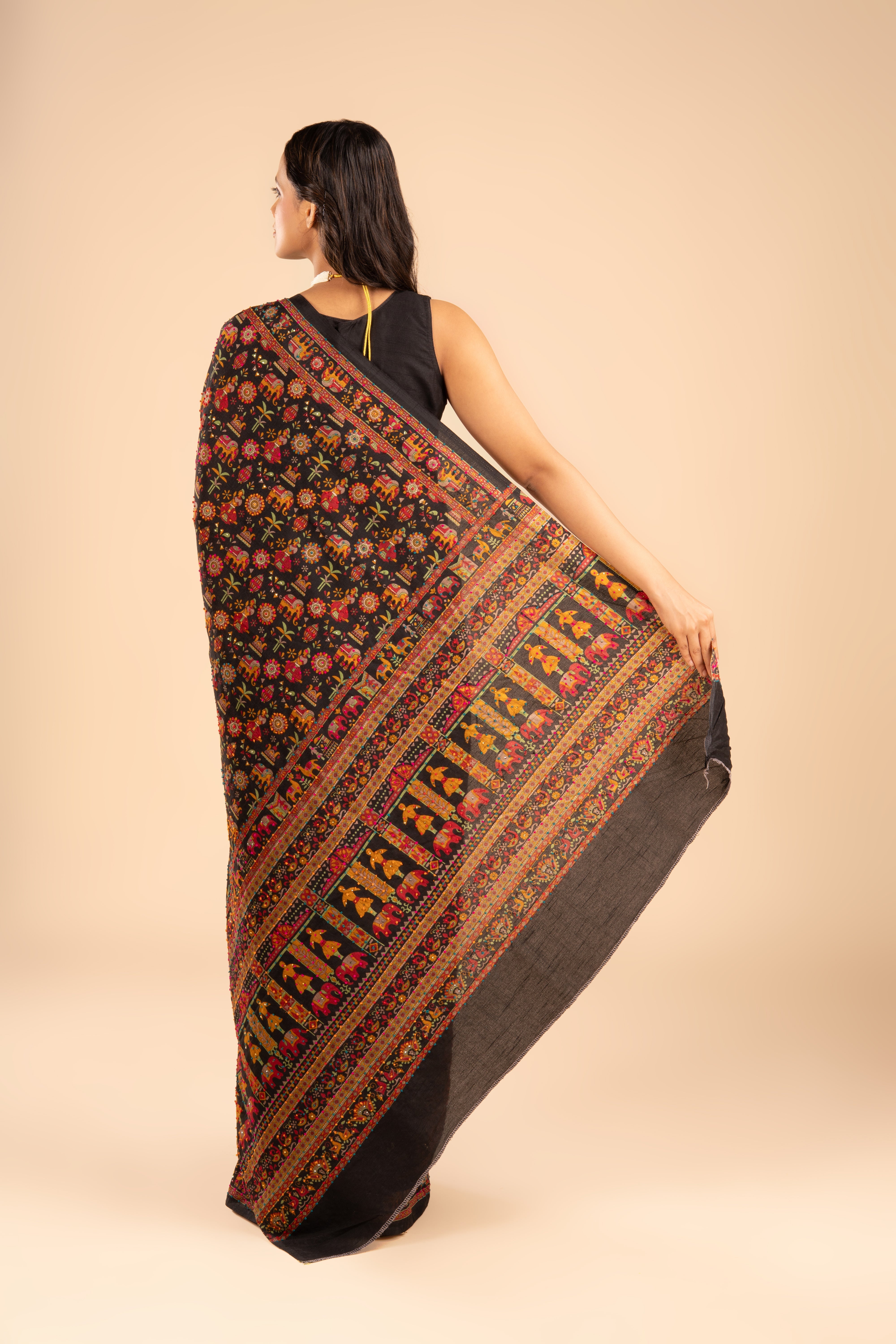 Black Tussar Silk Saree with French Knot threadwork