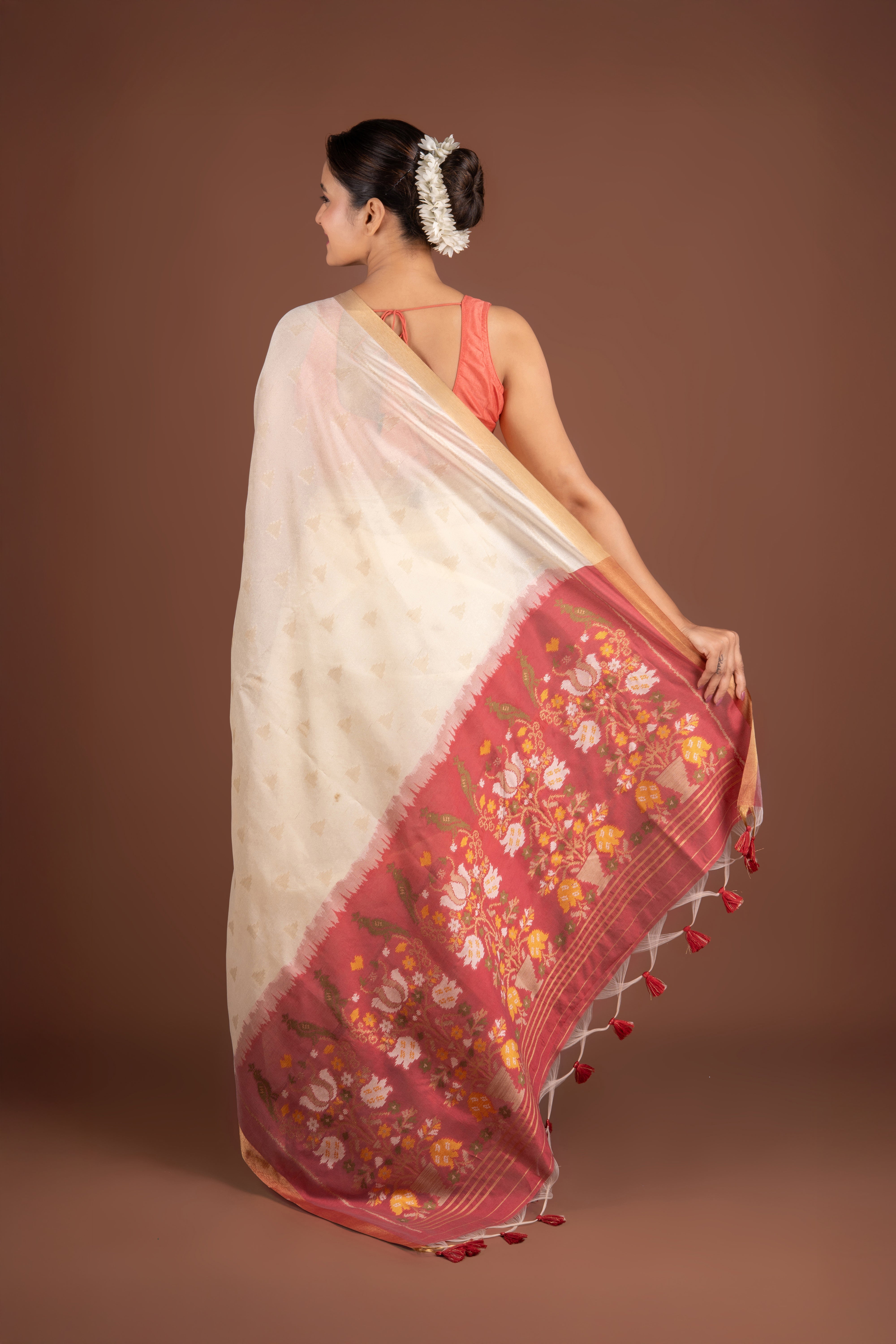 Cream Tussar Silk Saree