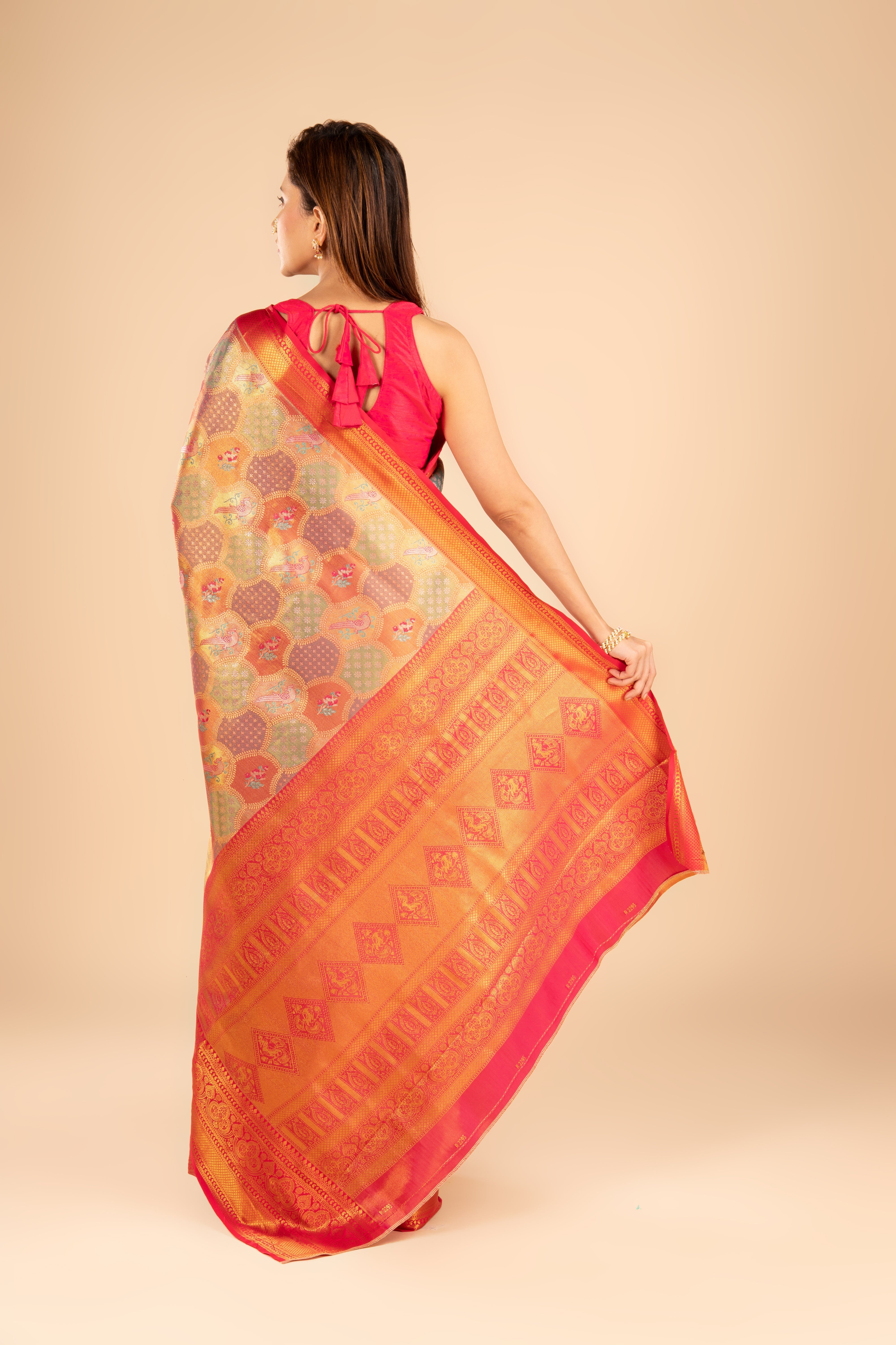 Geometric Tissue Silk Saree with Red border