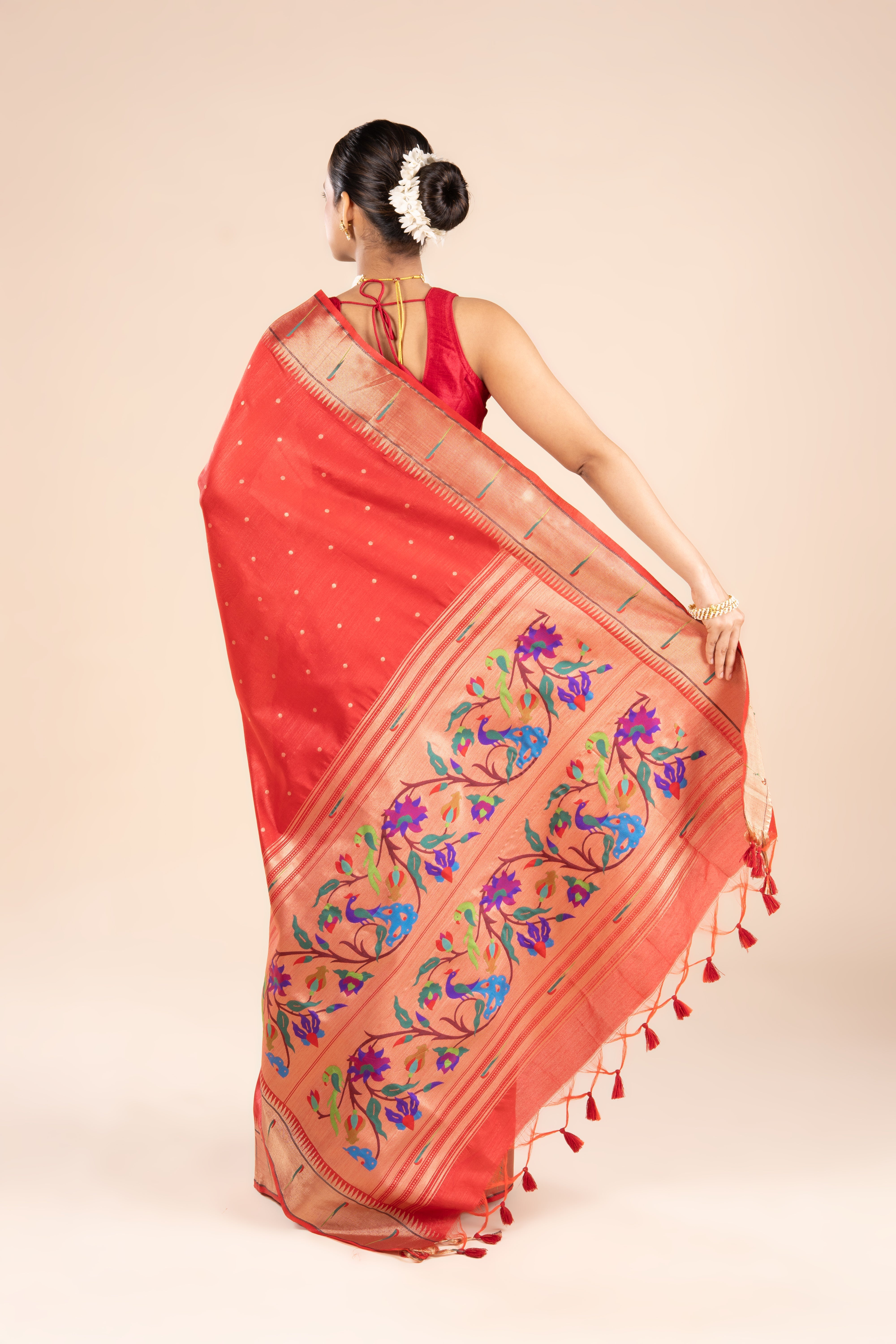 Red Tussar Silk Paithani Saree with Munya Border