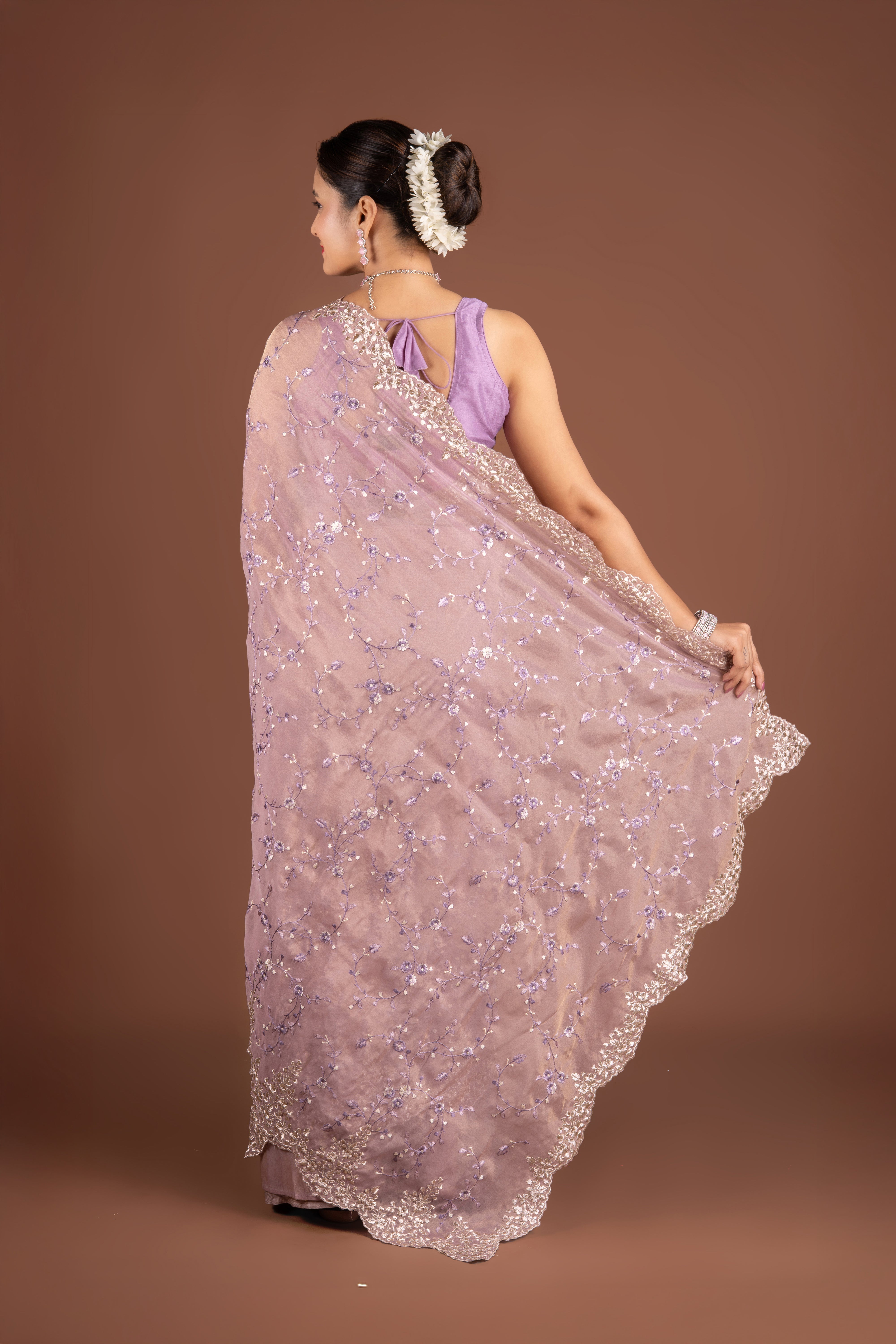 Pastel Purple Organza Saree with Jaal Threadwork