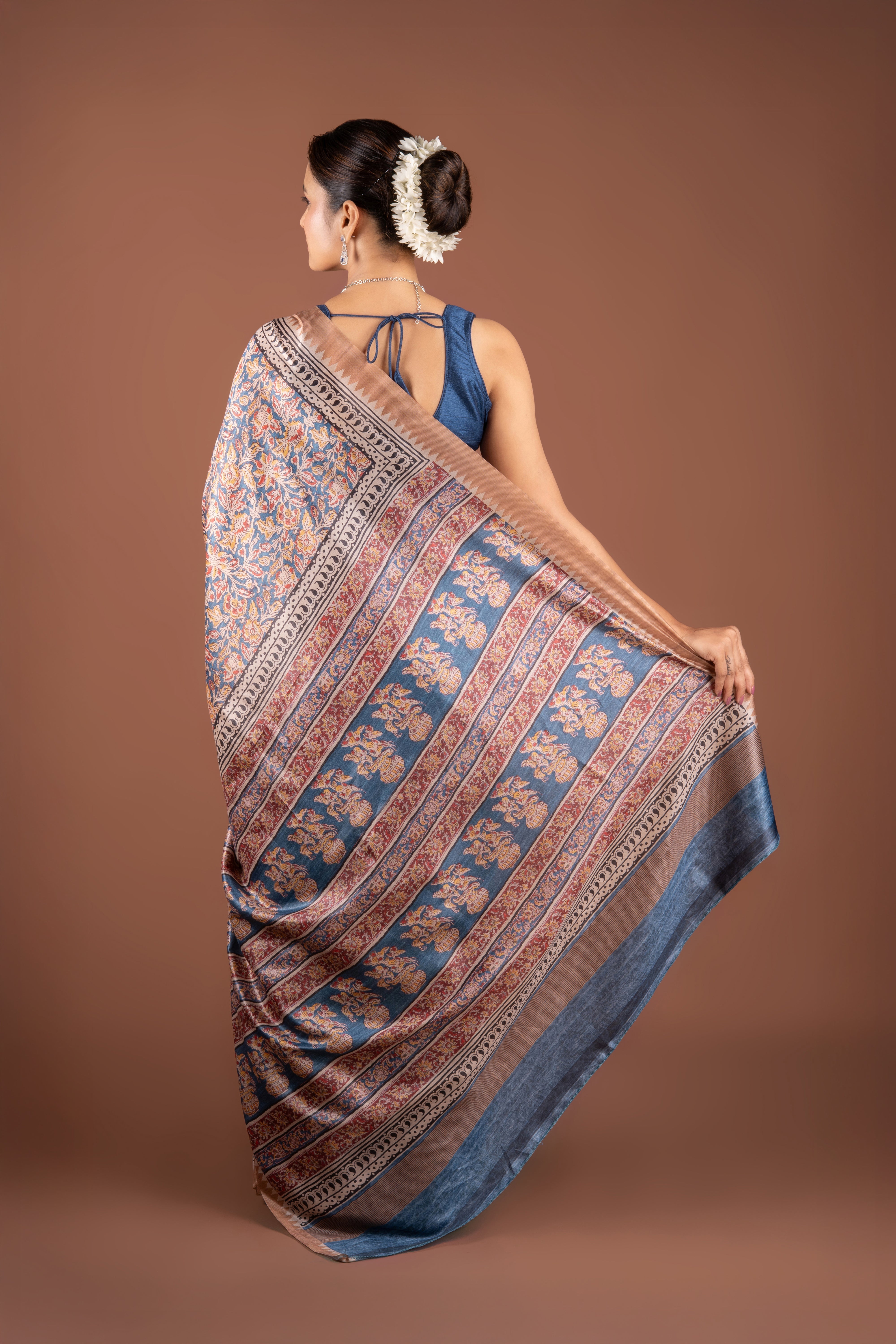 Blue Dupion Silk Saree with Floral Print
